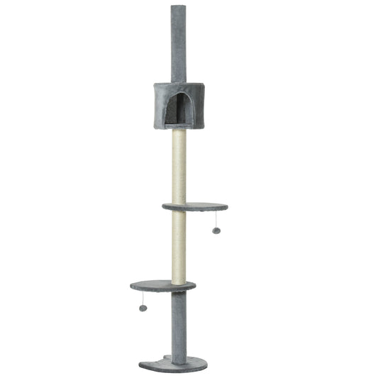 Gray multilevel cat tree with scratching posts and hanging toys