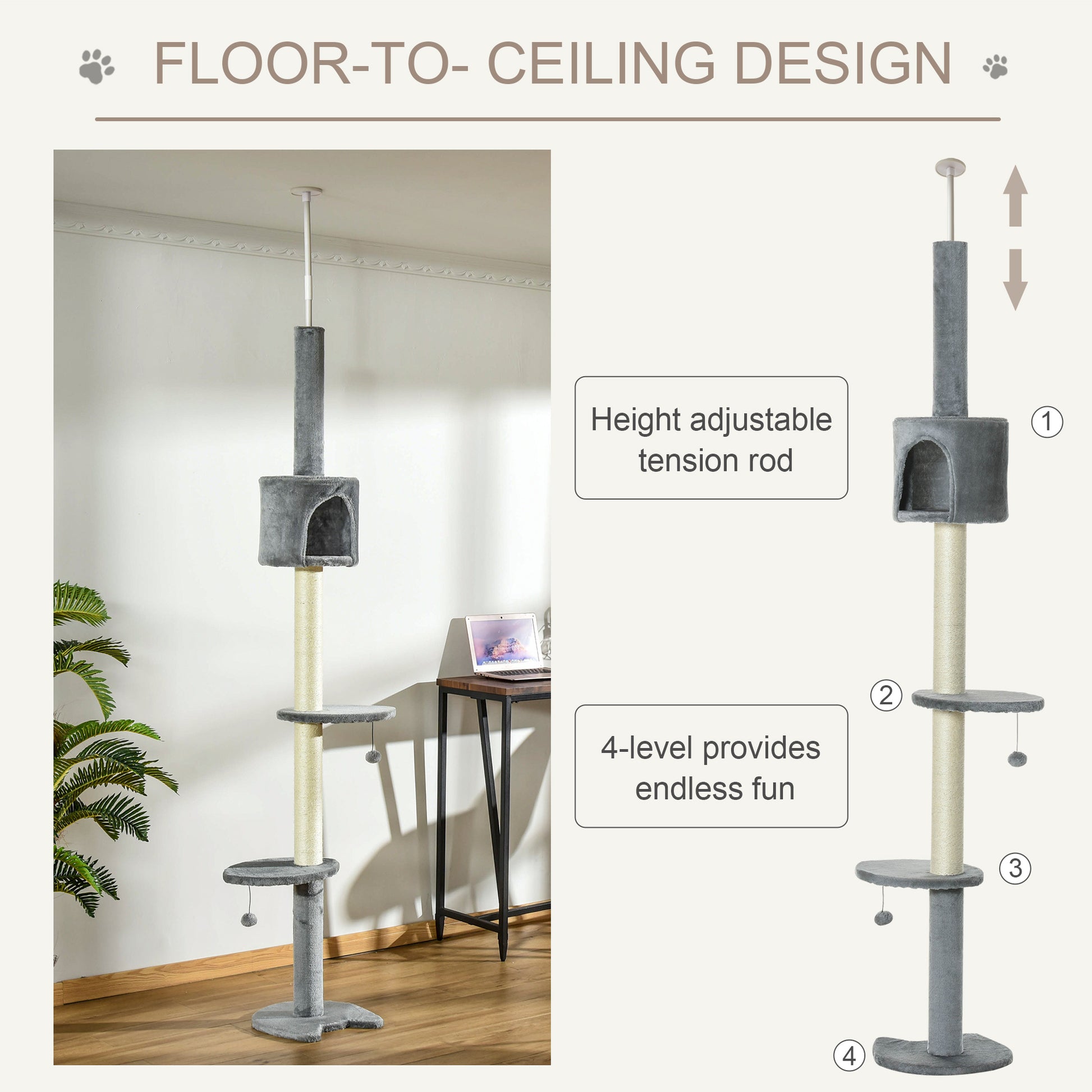 Grey plush cat tree with adjustable floortoceiling tension rod and multiple levels