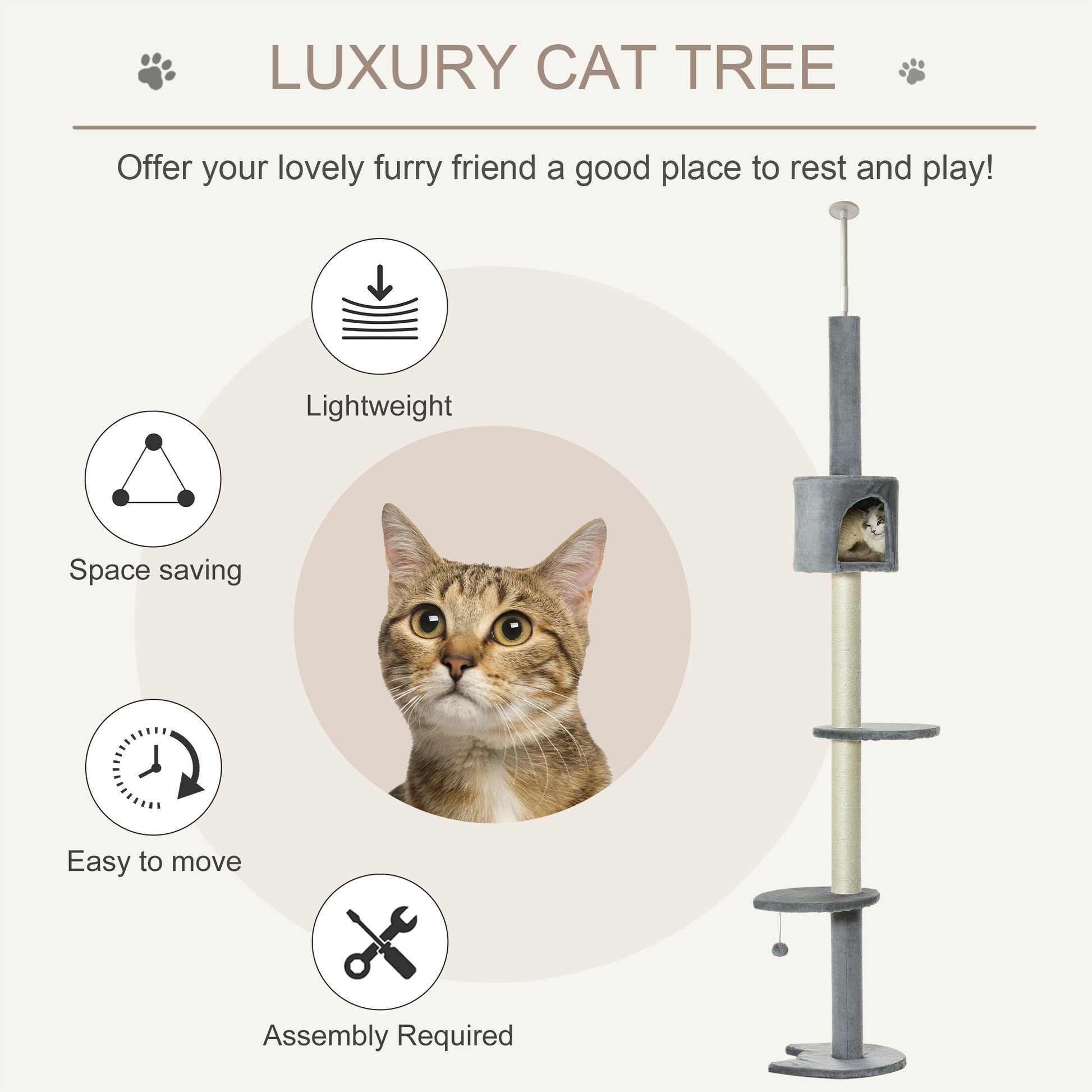 Gray luxury cat tree with multiple platforms and a cozy hideaway for pets
