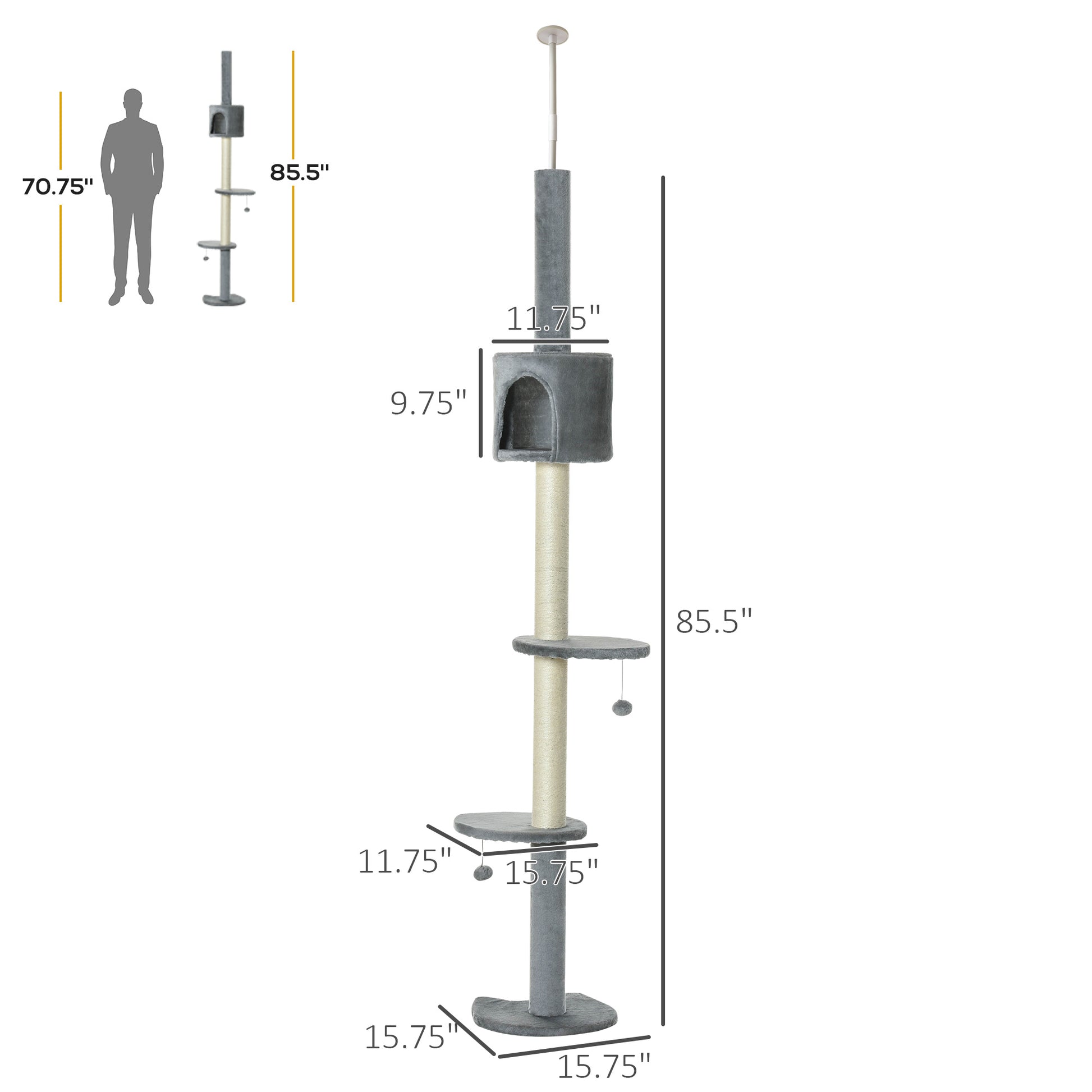 Tall grey cat tree with enclosed condo and sisal scratching posts