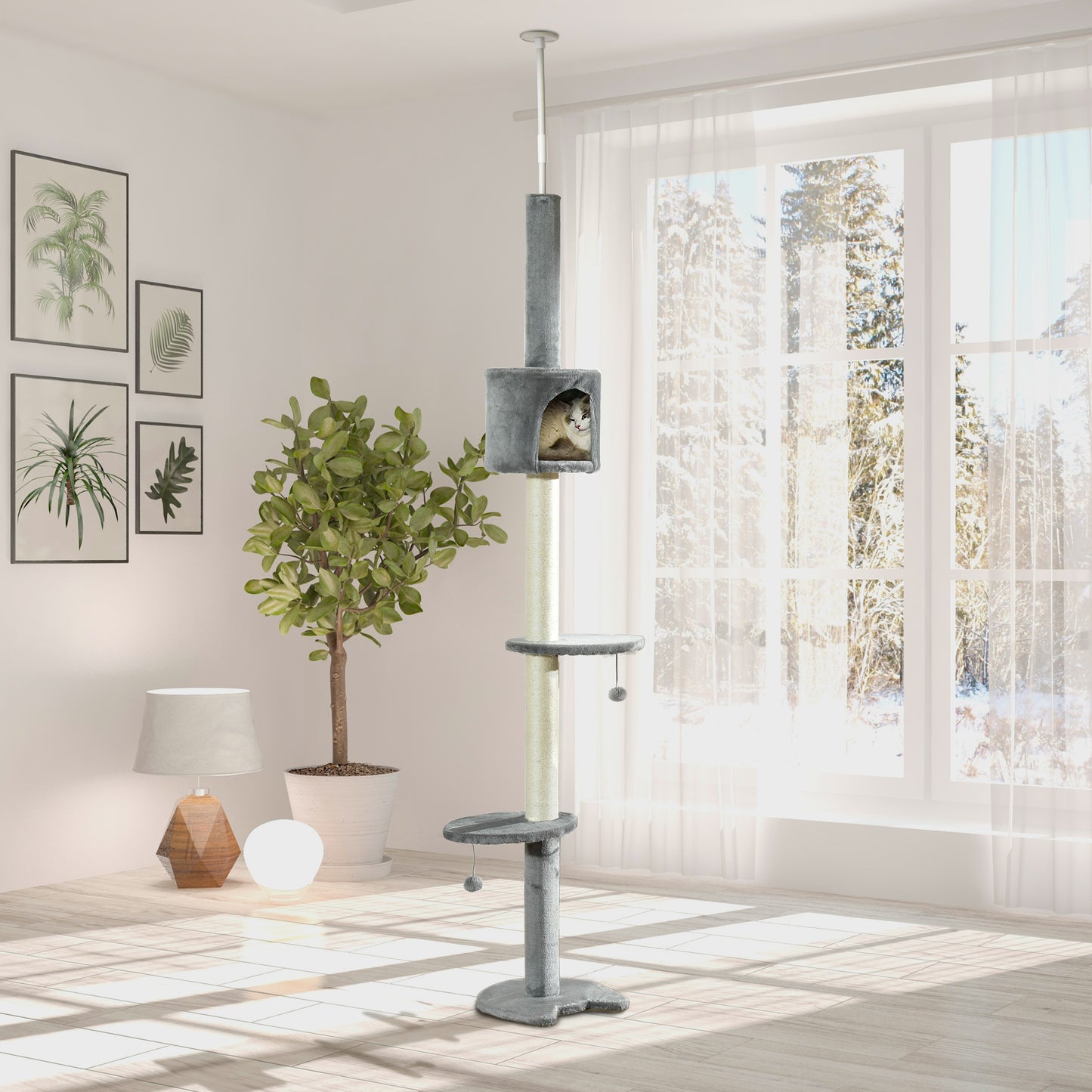 Gray multilevel cat tree with scratching posts and enclosed condo