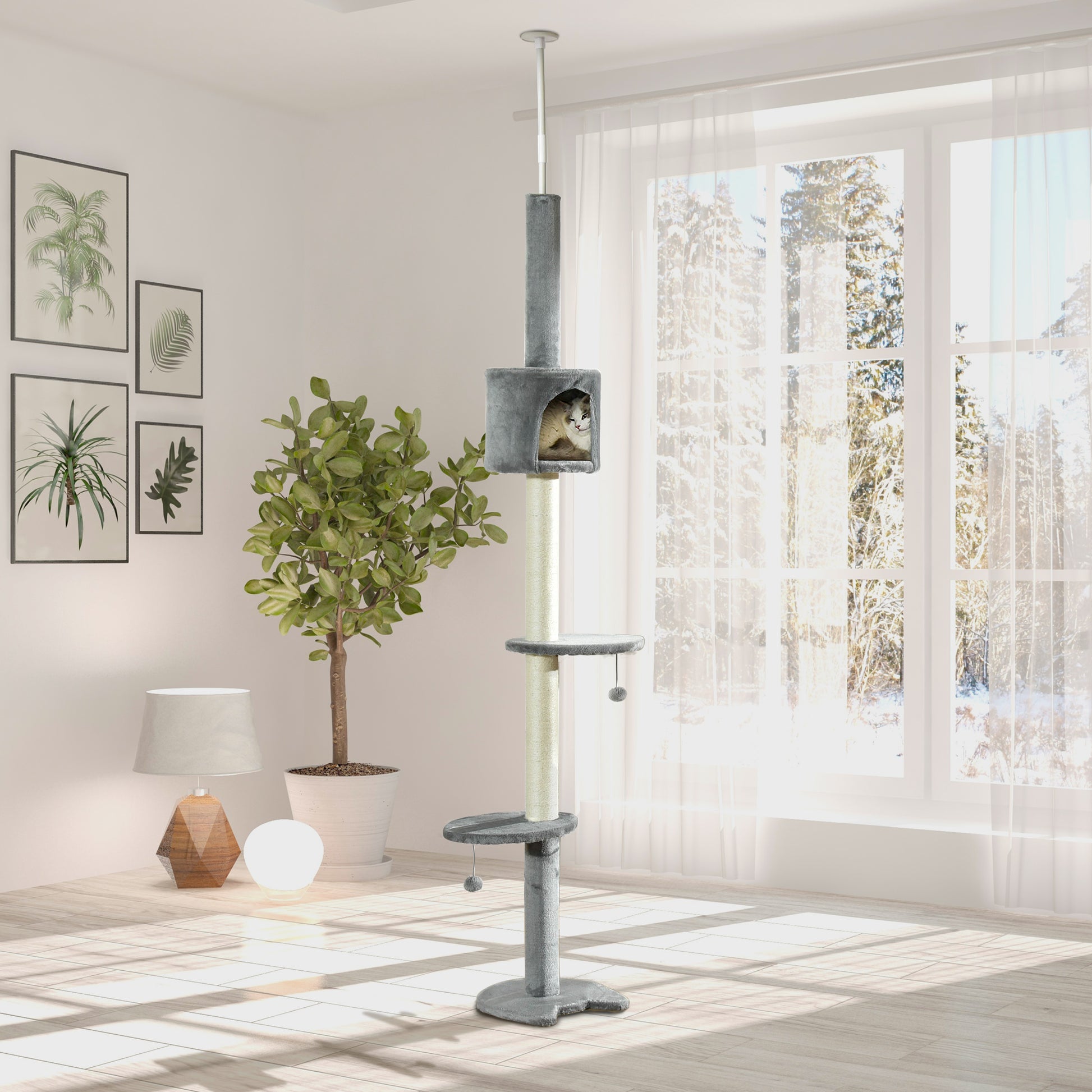 Gray multilevel cat tree with scratching posts and enclosed condo