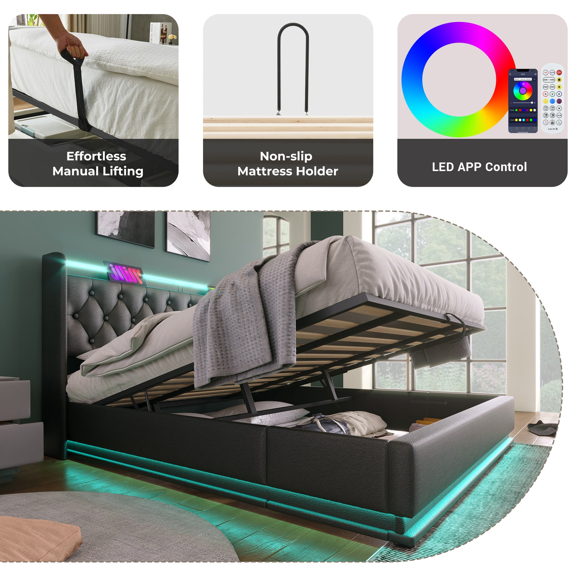 Black upholstered storage bed with tufted headboard and LED lighting