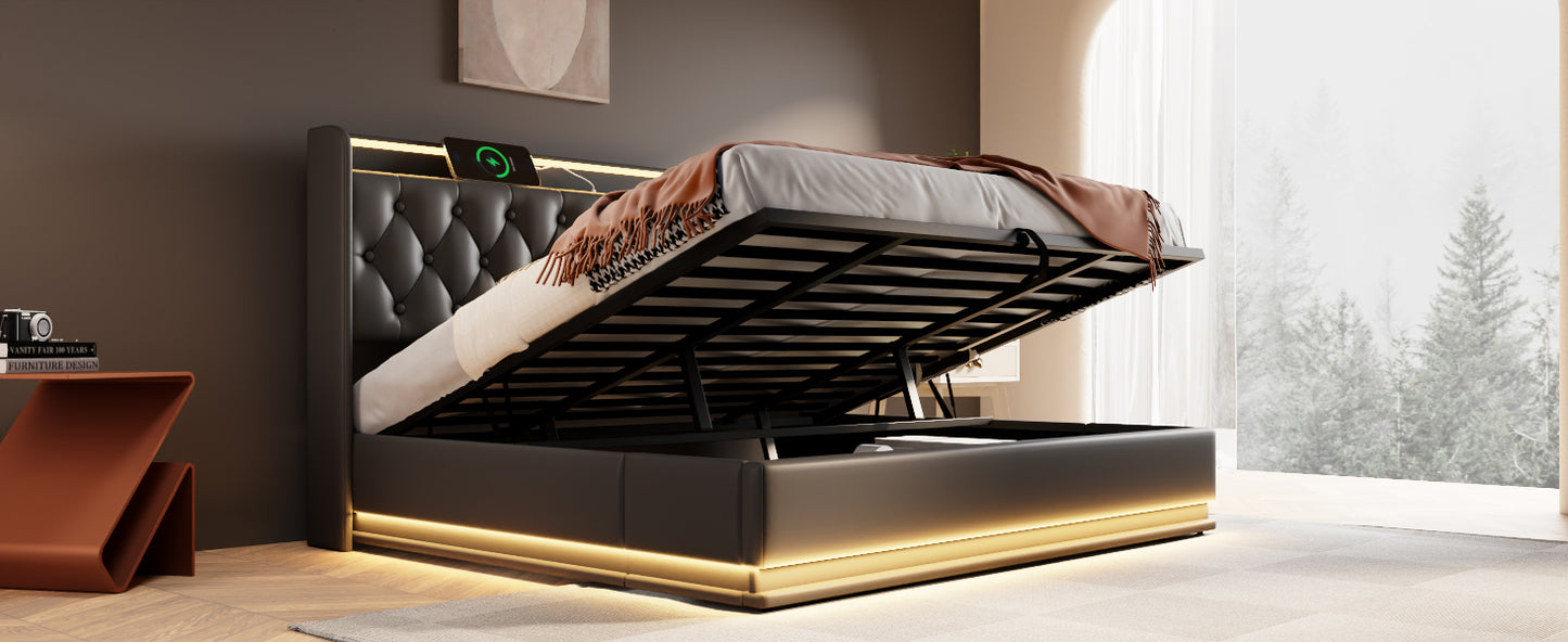 Black faux leather tufted storage bed with liftup mattress and integrated LED lighting