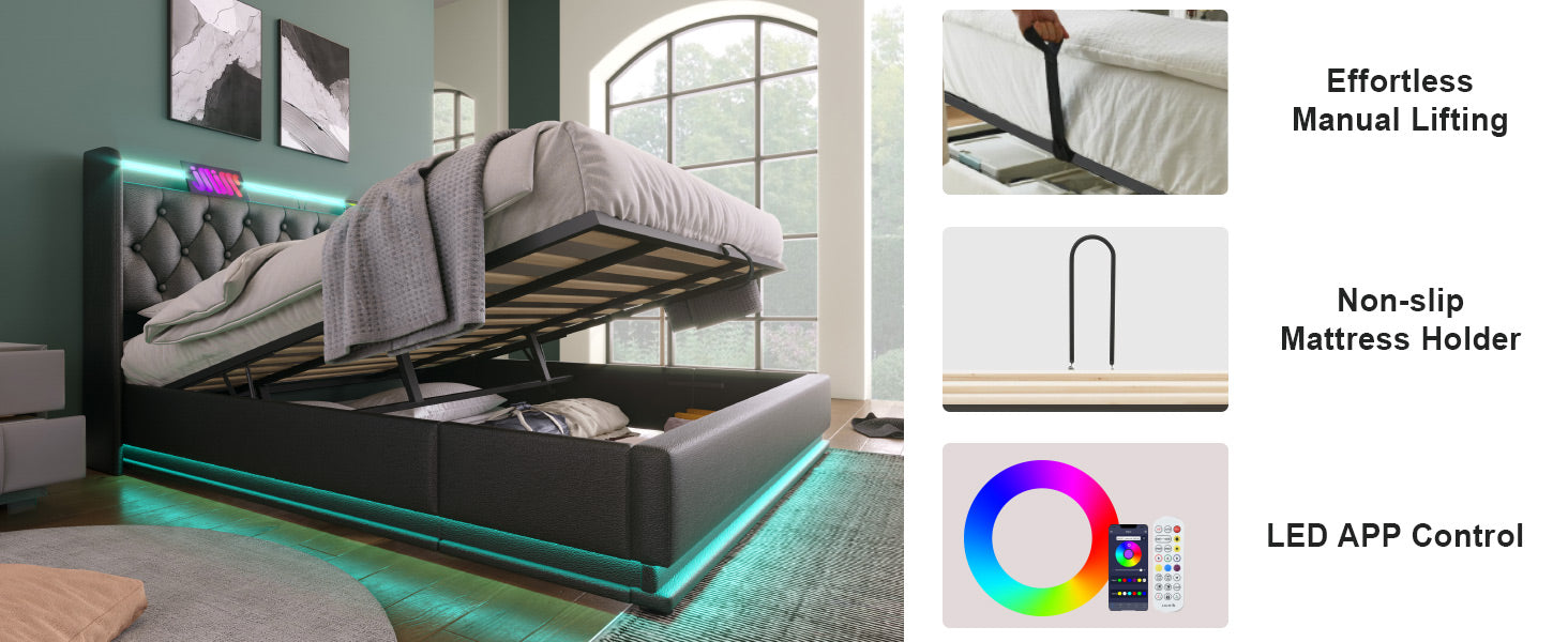 Black tufted storage bed with LED lights and lifting mattress base