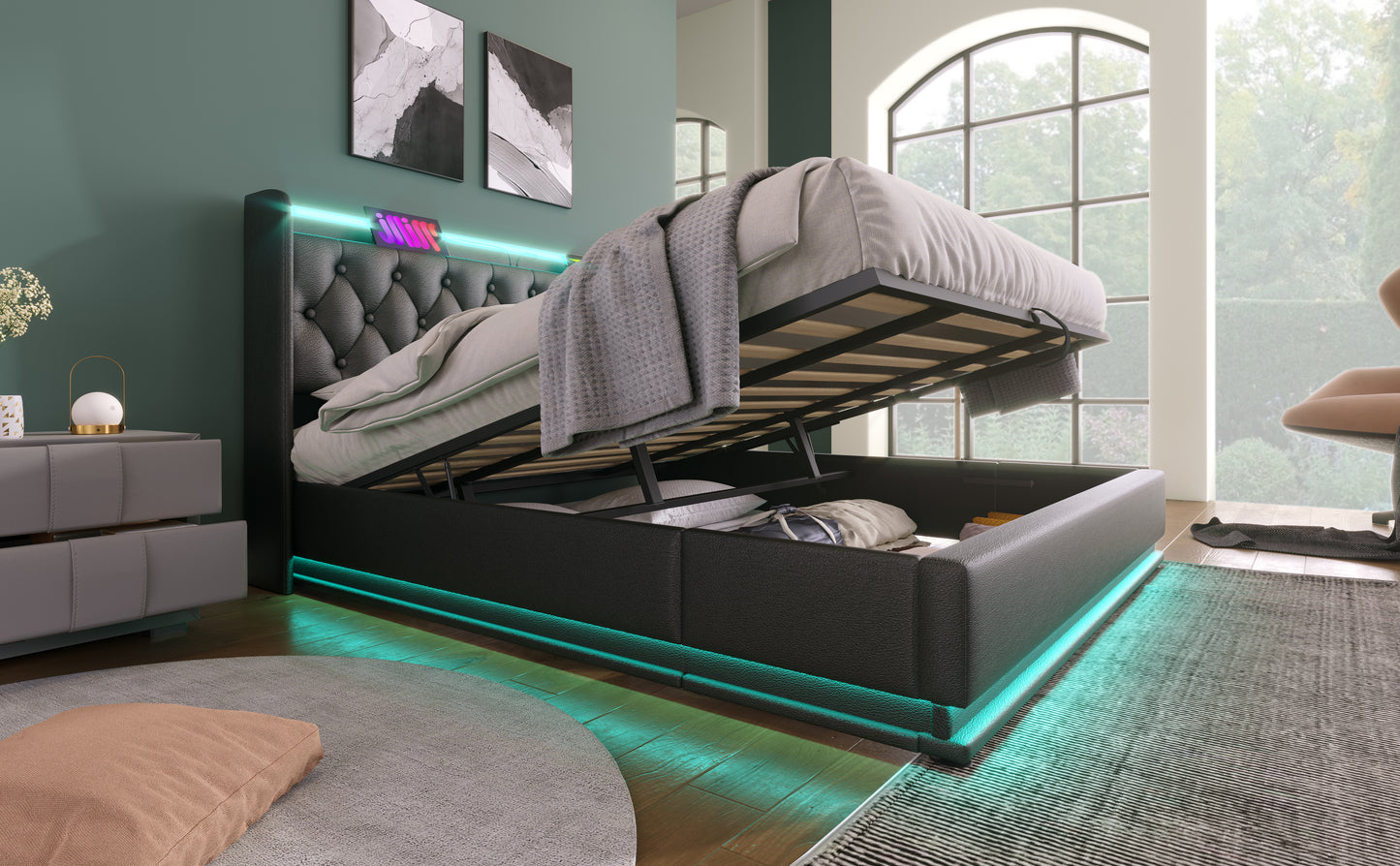 Black faux leather storage bed frame with LED lighting