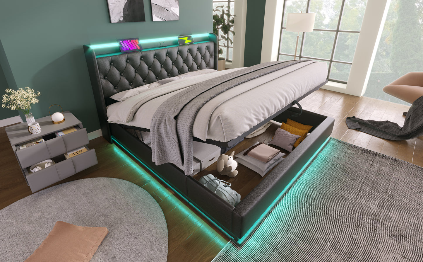 Tufted charcoal faux leather king bed with integrated RGB LED lighting and ample storage