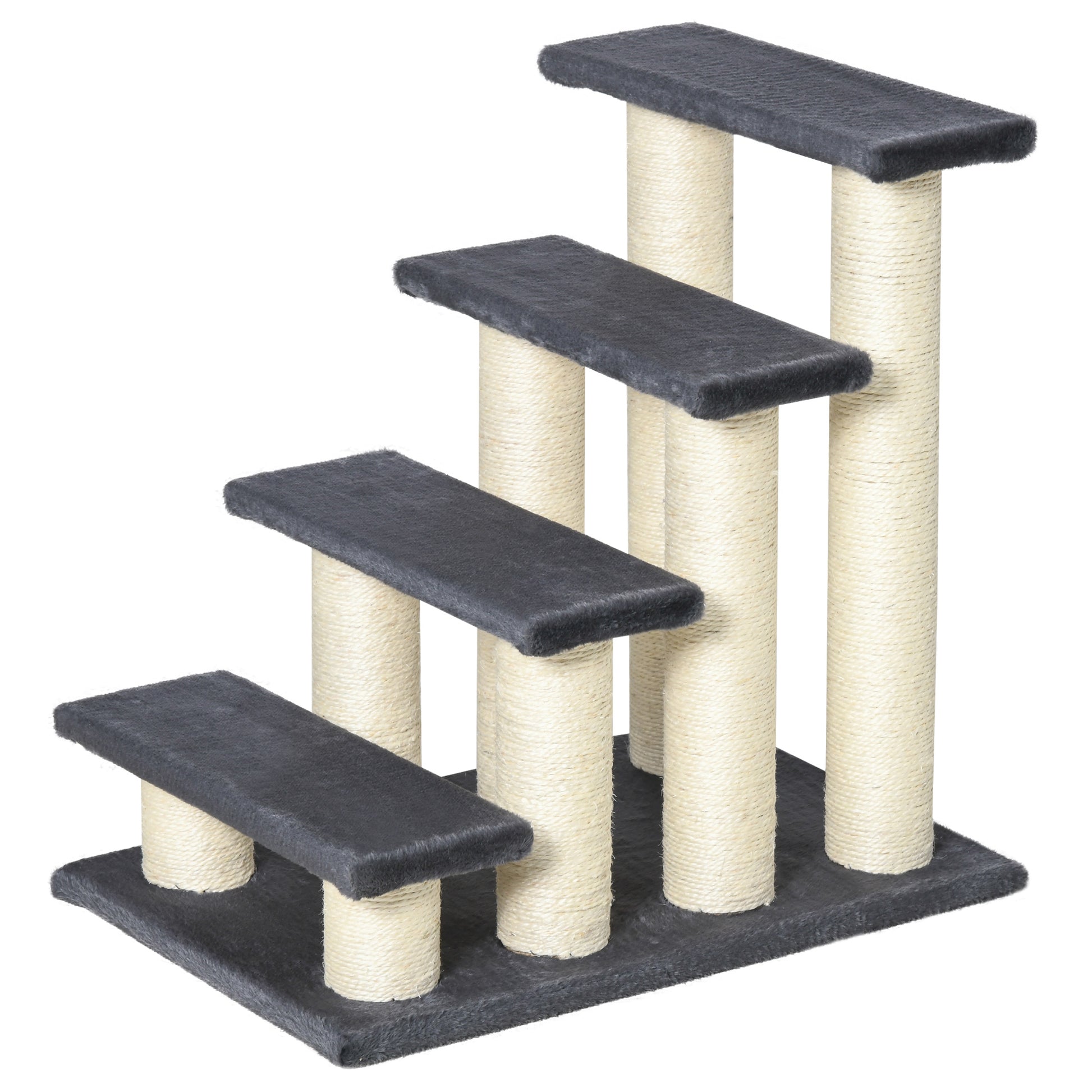 Multilevel gray cat condo with sisal scratching posts for feline fun