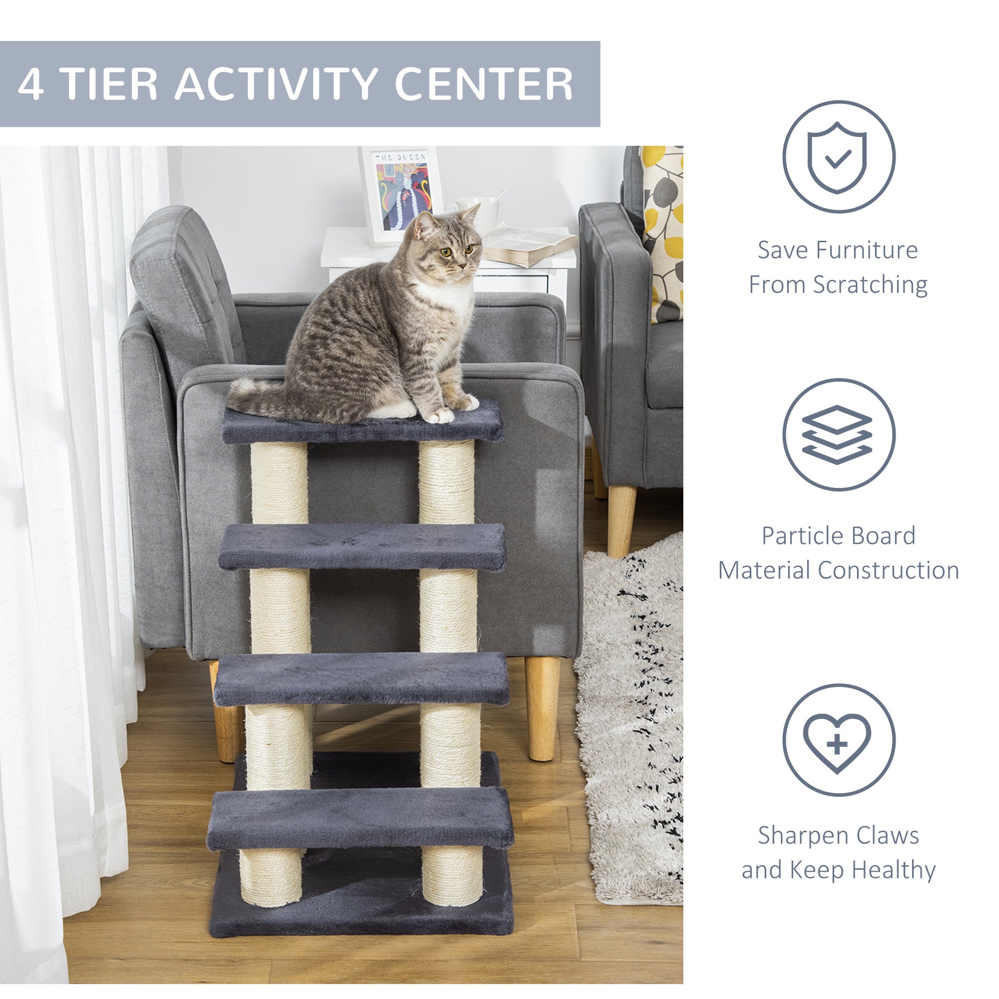 Gray  tier activity center with sisal scratching posts for cats