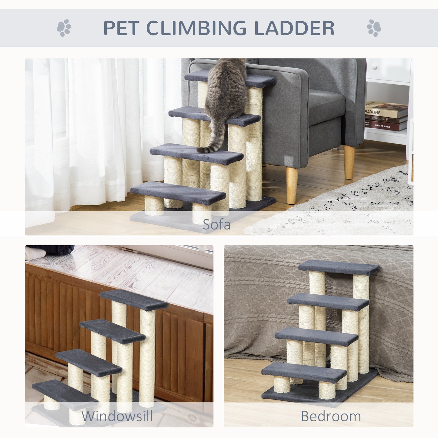 Gray pet climbing ladder with four levels covered in sisal rope for scratching and soft fabric steps