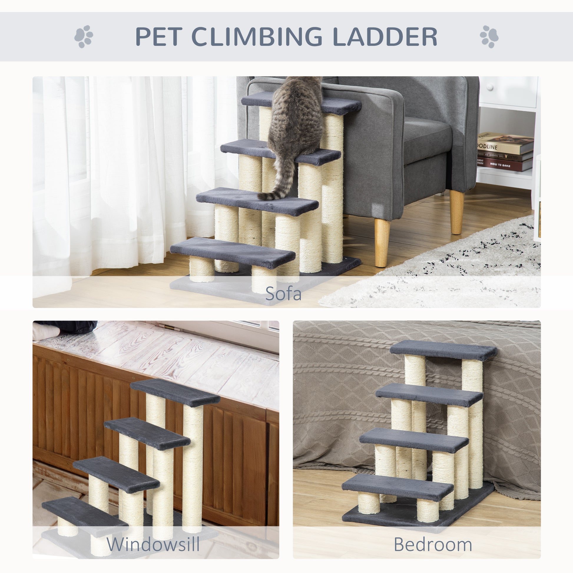 Gray pet climbing ladder with four levels covered in sisal rope for scratching and soft fabric steps