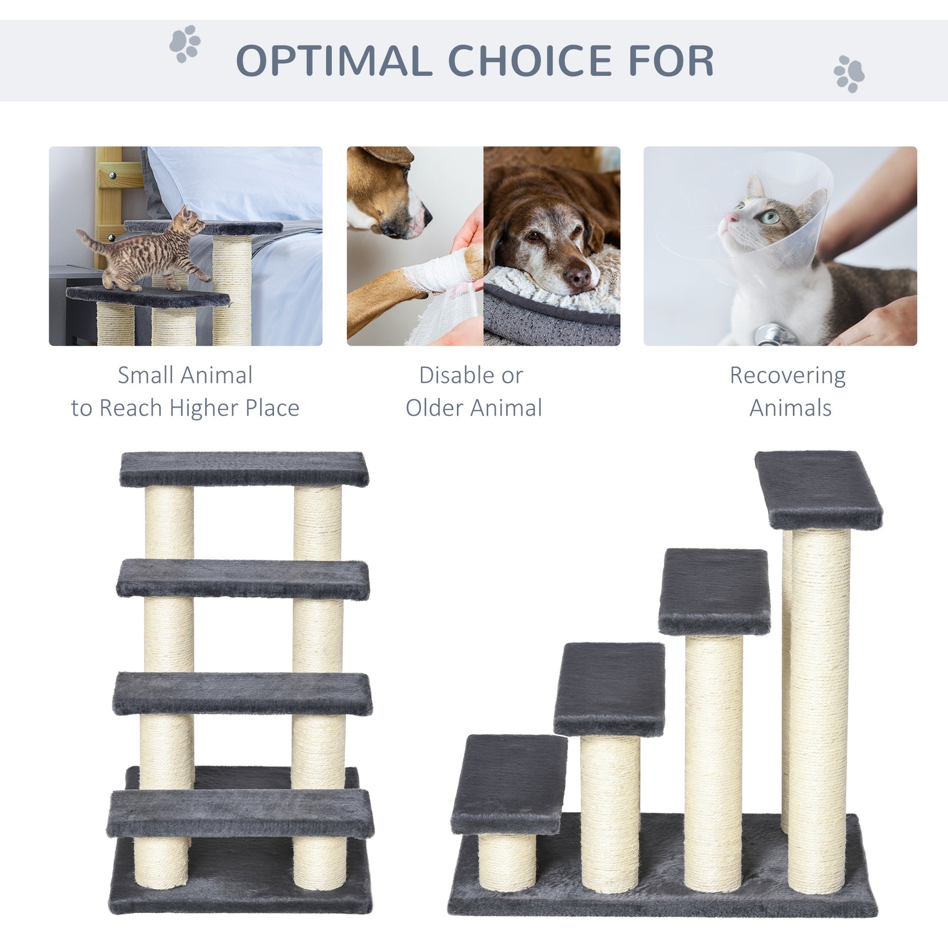 Dark gray multilevel cat tree with sisal scratching posts for feline enrichment
