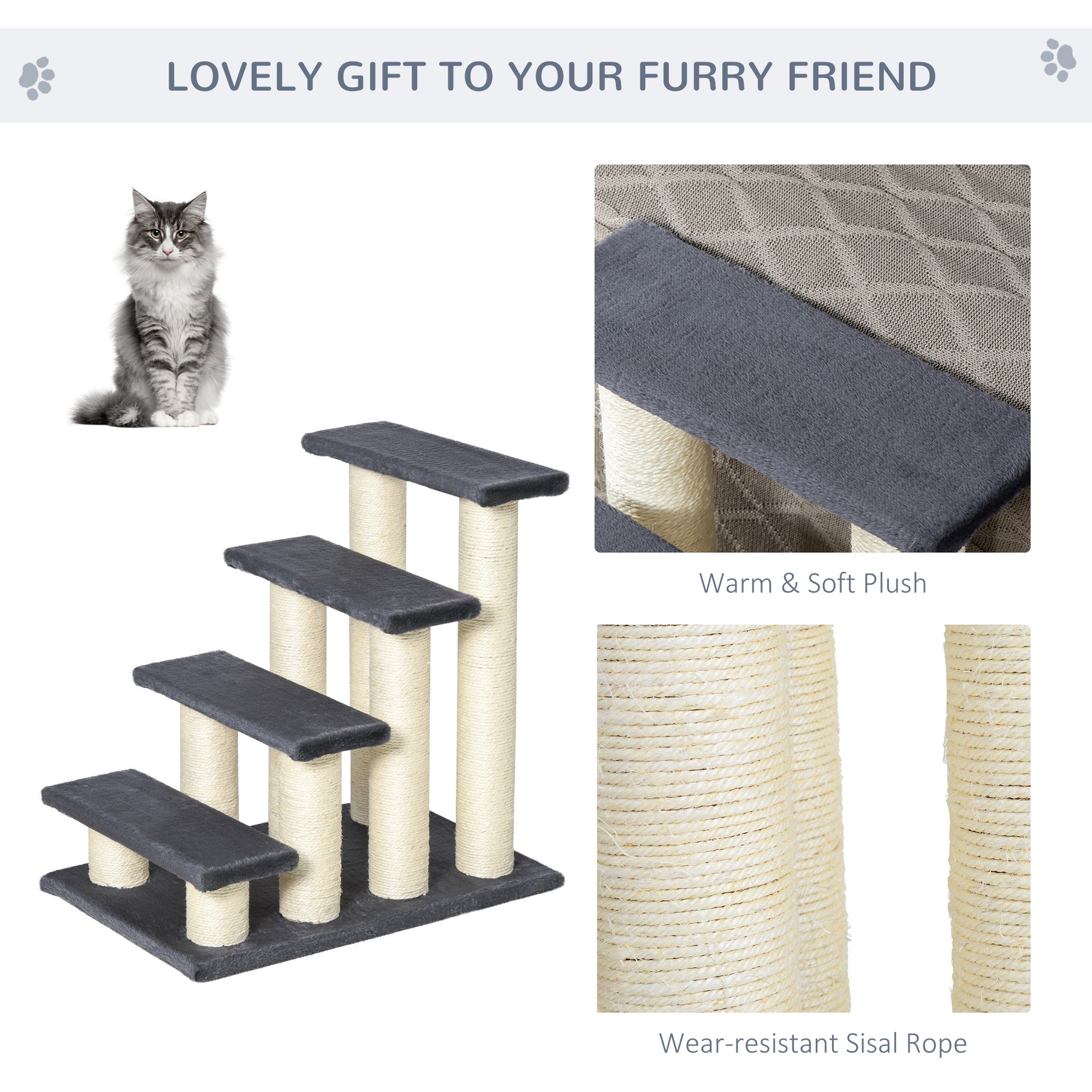 Fourtier cat tree with gray plush steps and sisal rope scratching posts