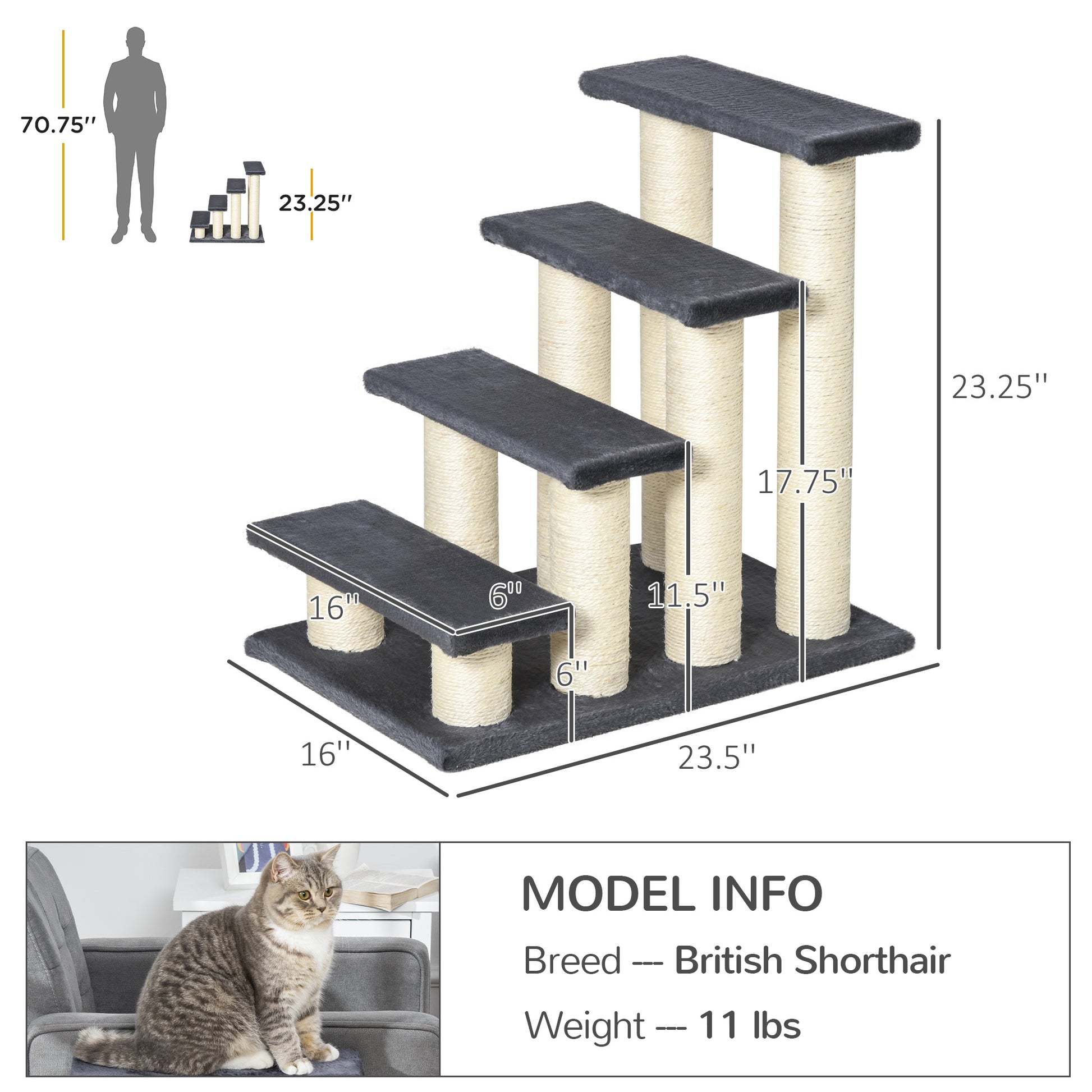 Fourtiered grey cat tree with scratching posts and sisal rope for active cats