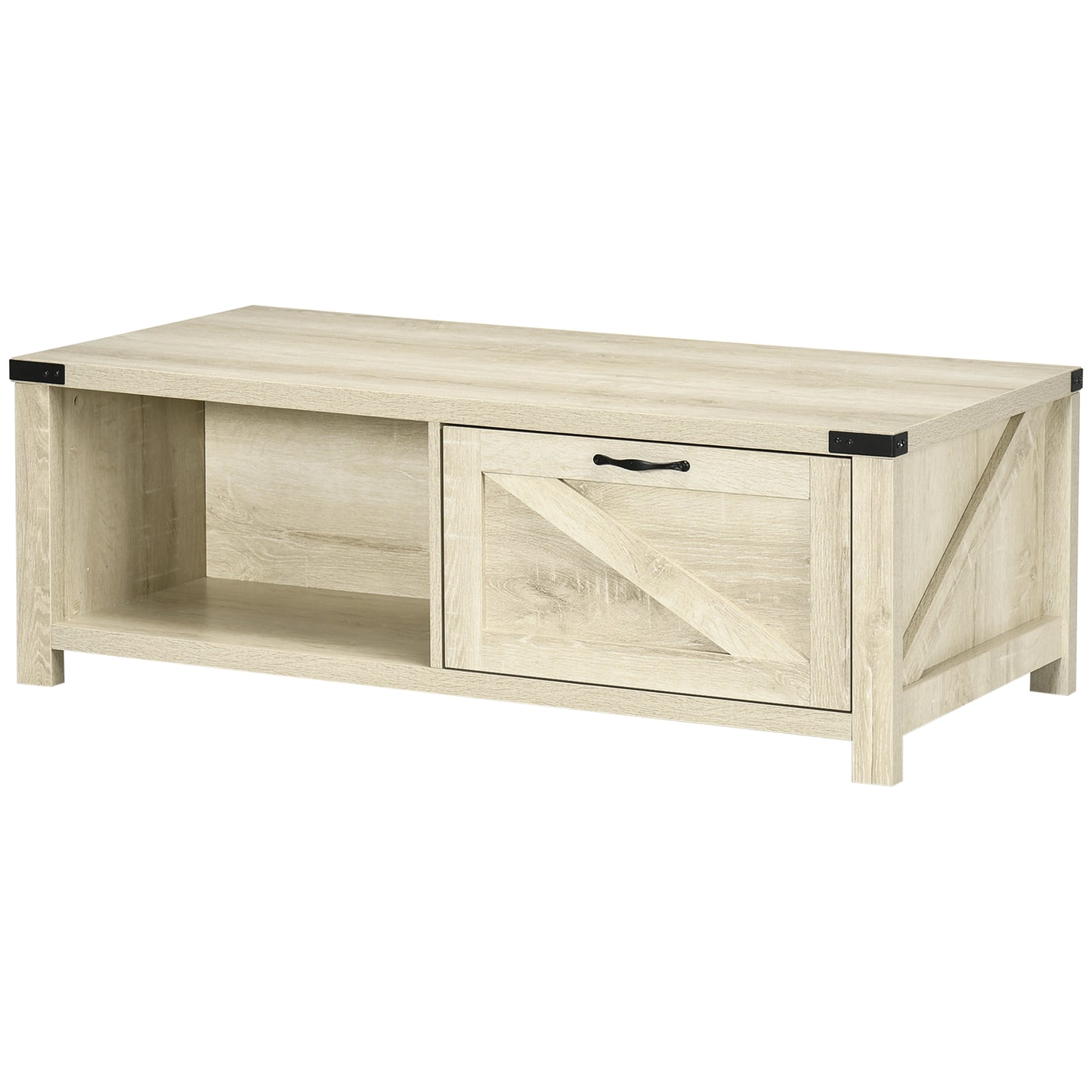 Farmhouse style light oak coffee table with a drawer and open shelving
