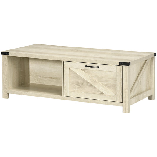 Farmhouse style light oak coffee table with a drawer and open shelving