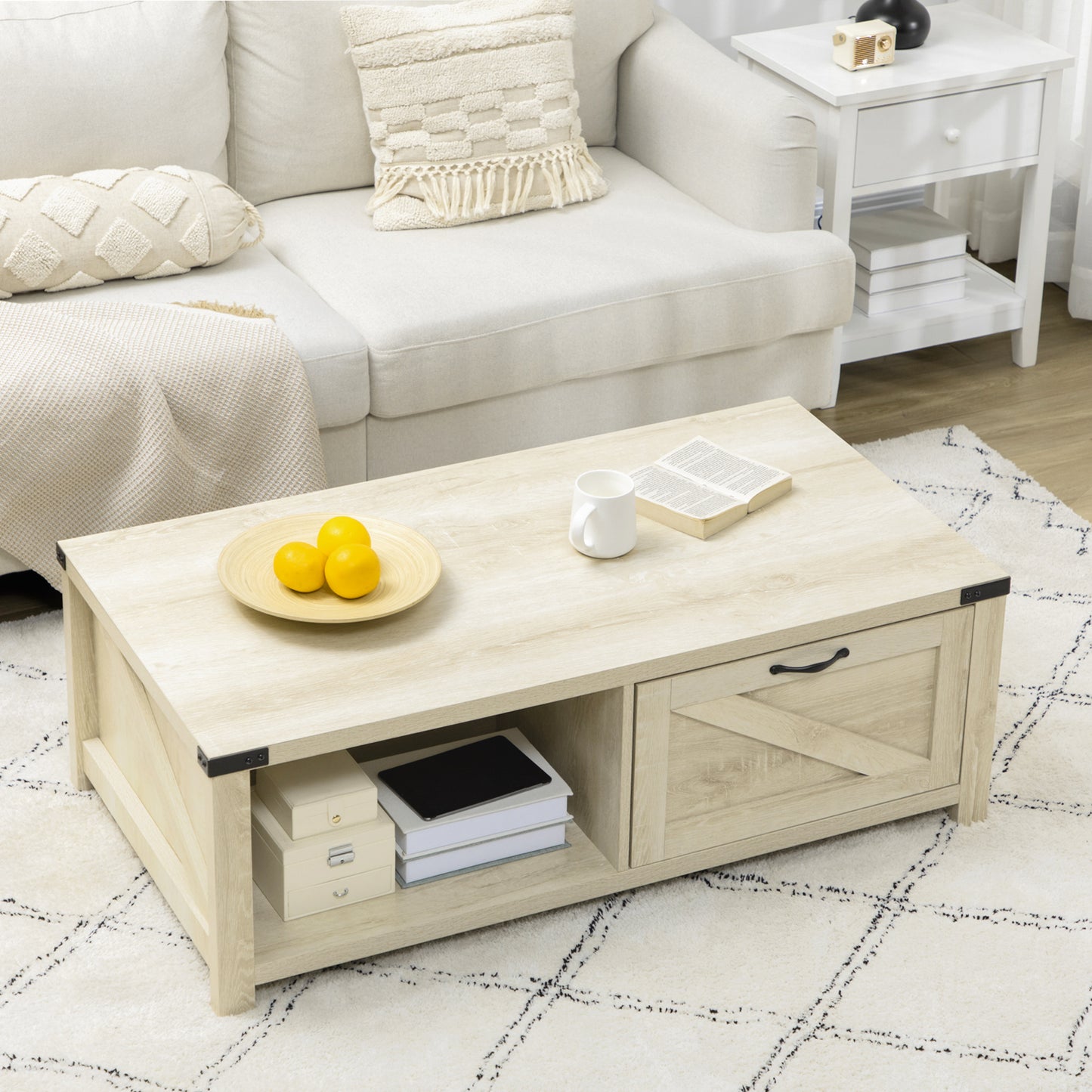 Light wood farmhouse coffee table with drawer and open shelf farmhouse style