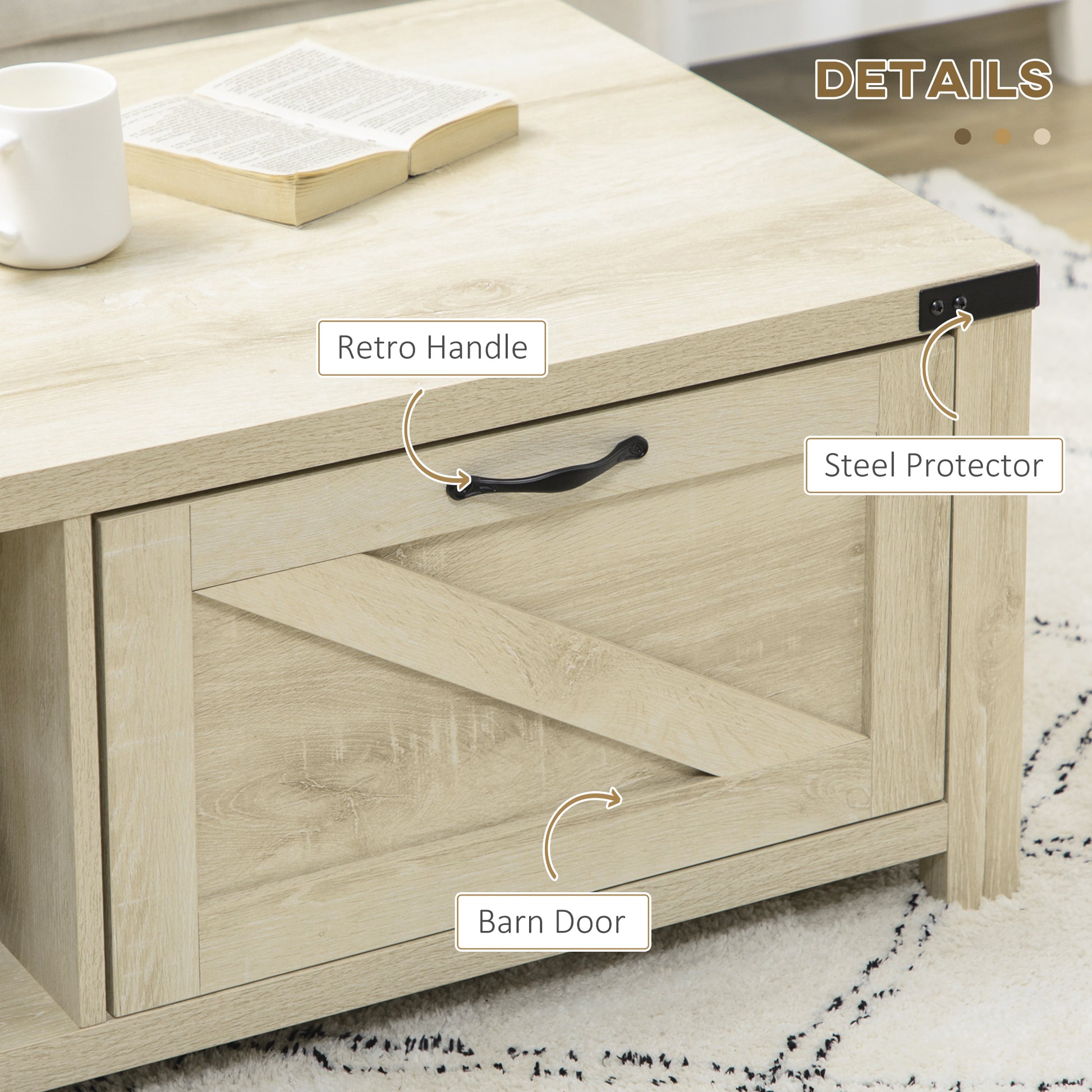 Light oak wood coffee table with black retro handle and barn door drawer