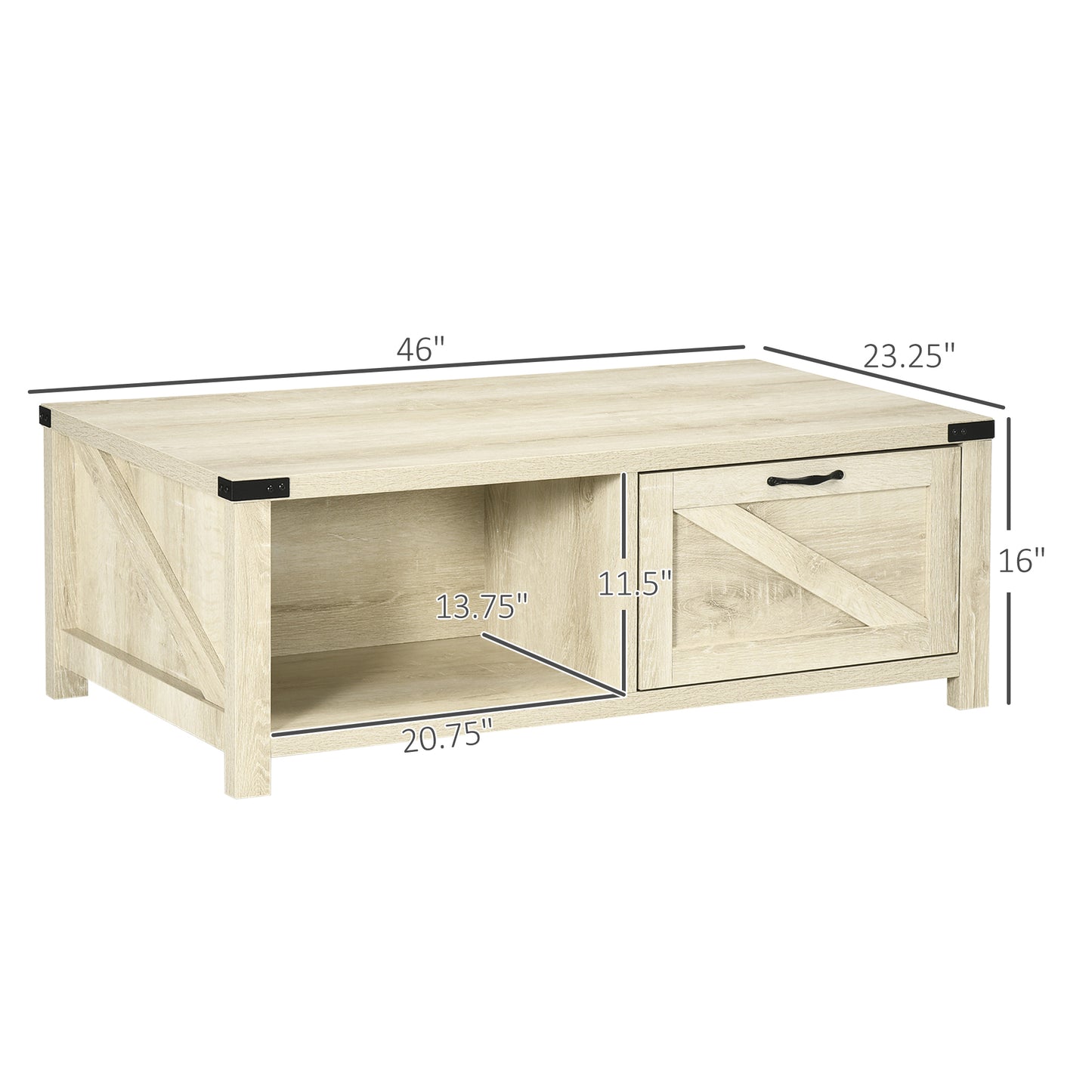 Light oak farmhouse coffee table with drawer and open shelf for storage