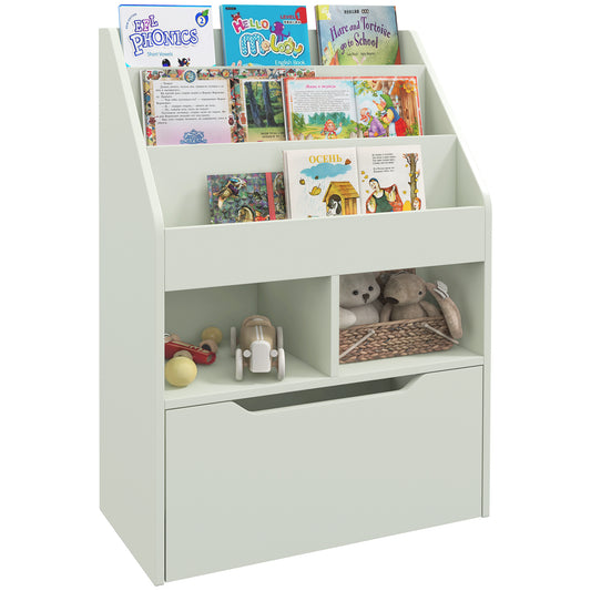 Light green childrens bookshelf with assorted storybooks plush toys and wooden car