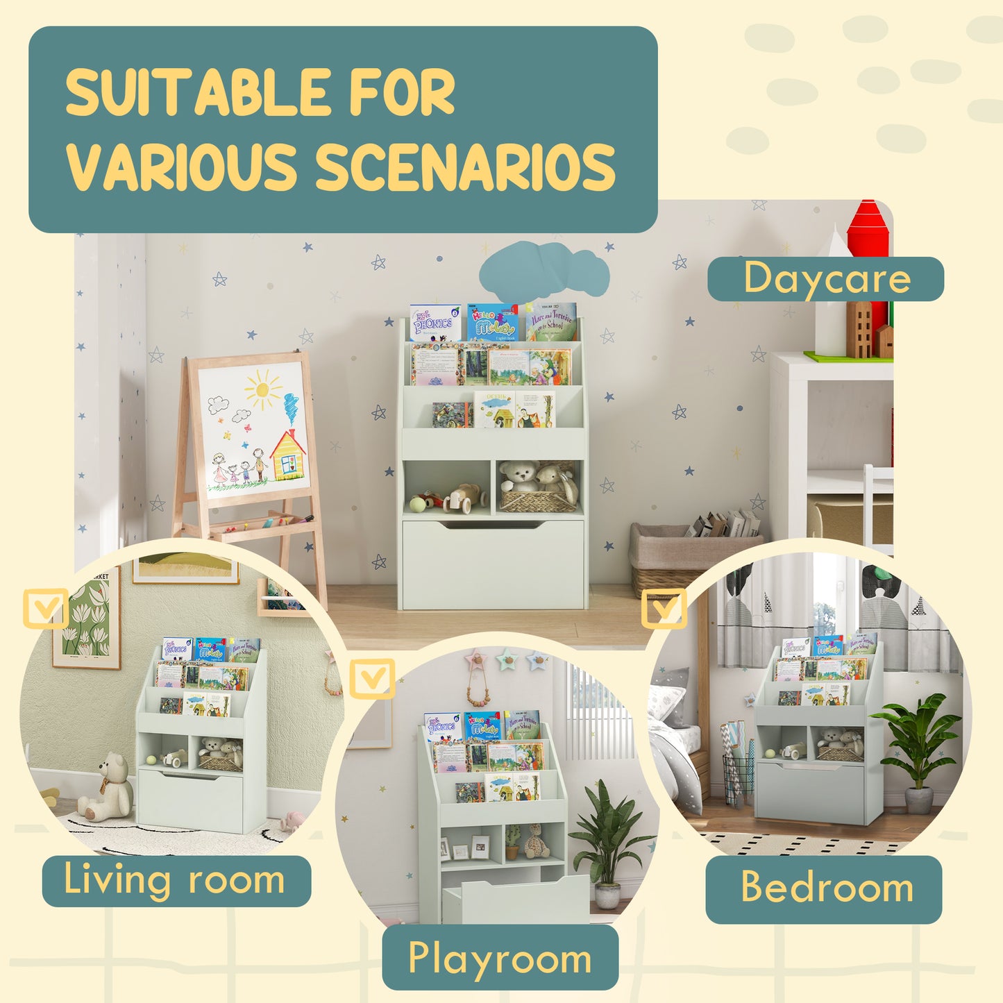 Pale green bookshelf with books toys and a drawer suitable for a playroom