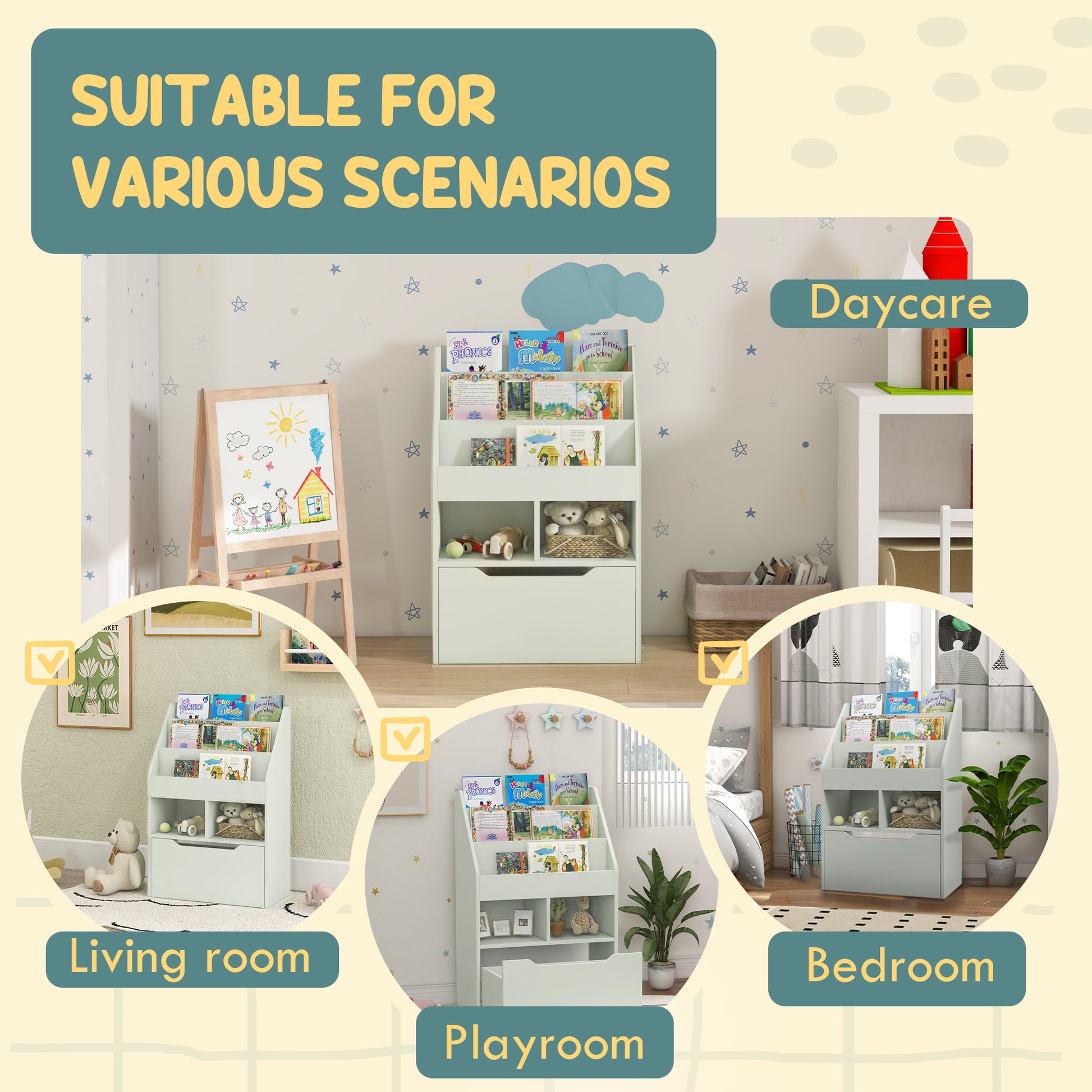 Pale green bookshelf with books toys and a drawer suitable for a playroom