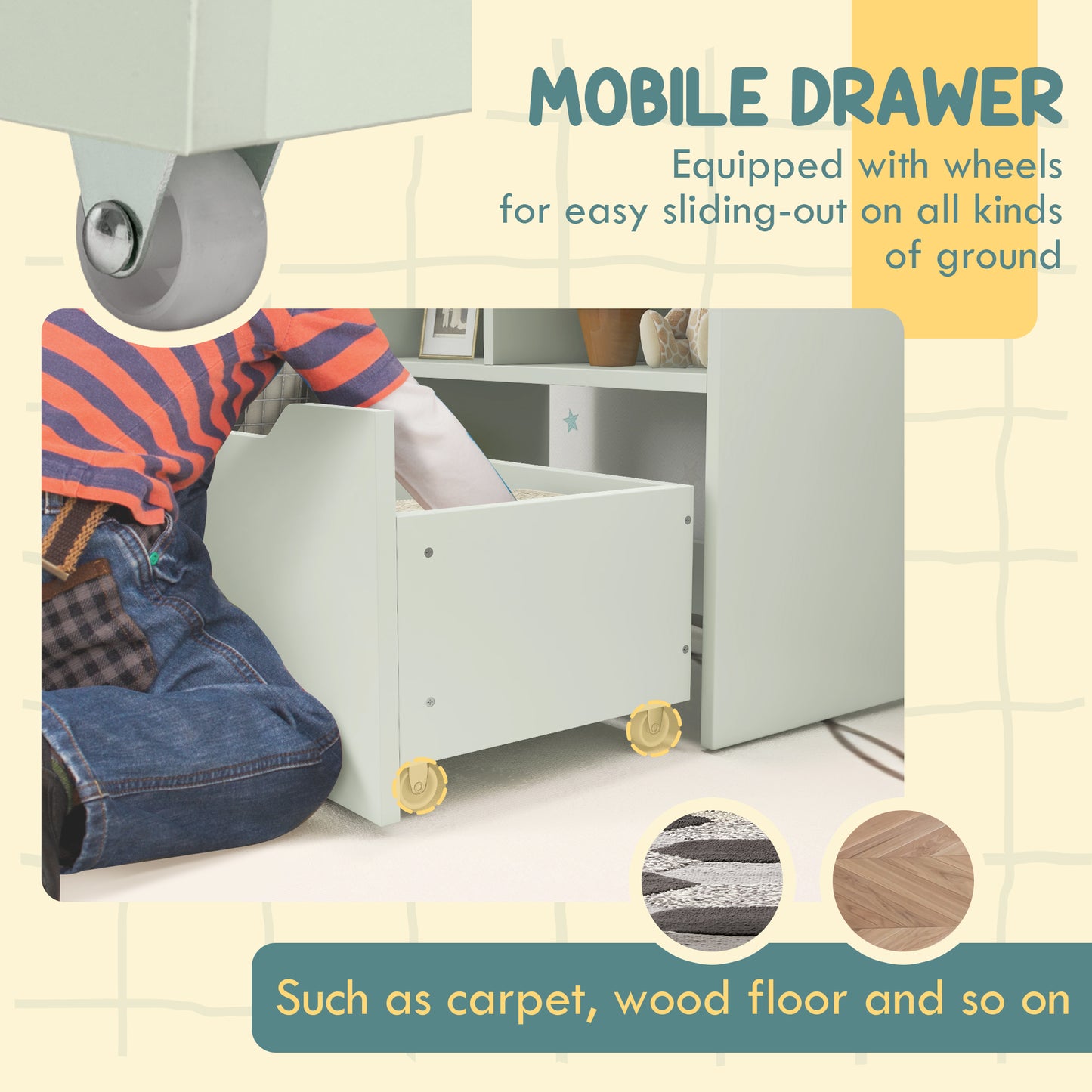 Pale green mobile storage drawer with wheels for easy movement on carpets and wood floors