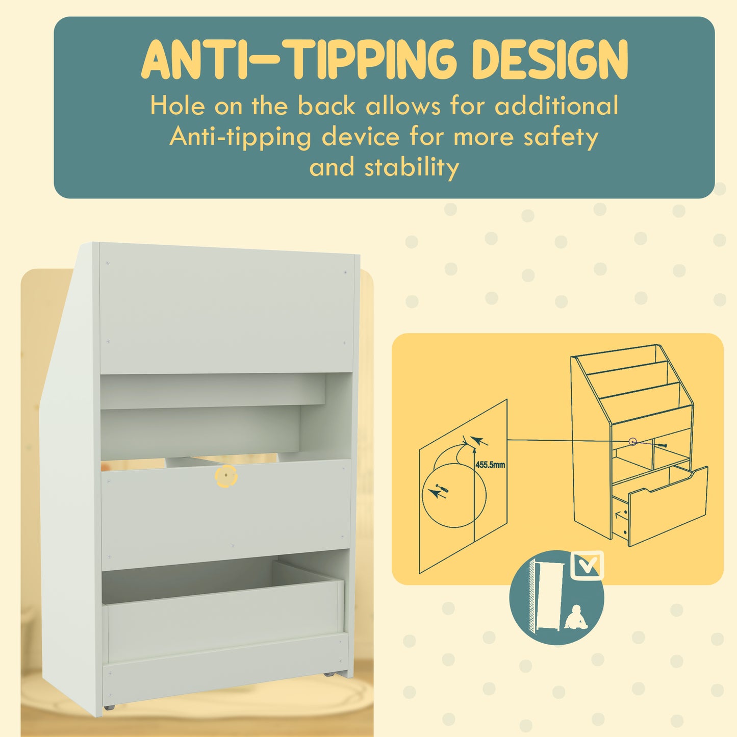 White wooden bookshelf with antitipping design for safety