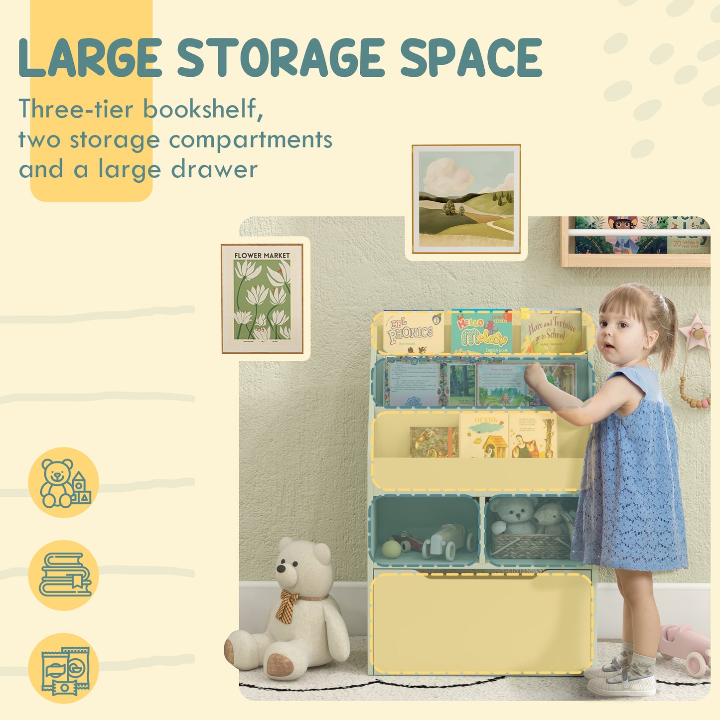 Threetier pastel bookshelf with open compartments and a drawer perfect for kids rooms