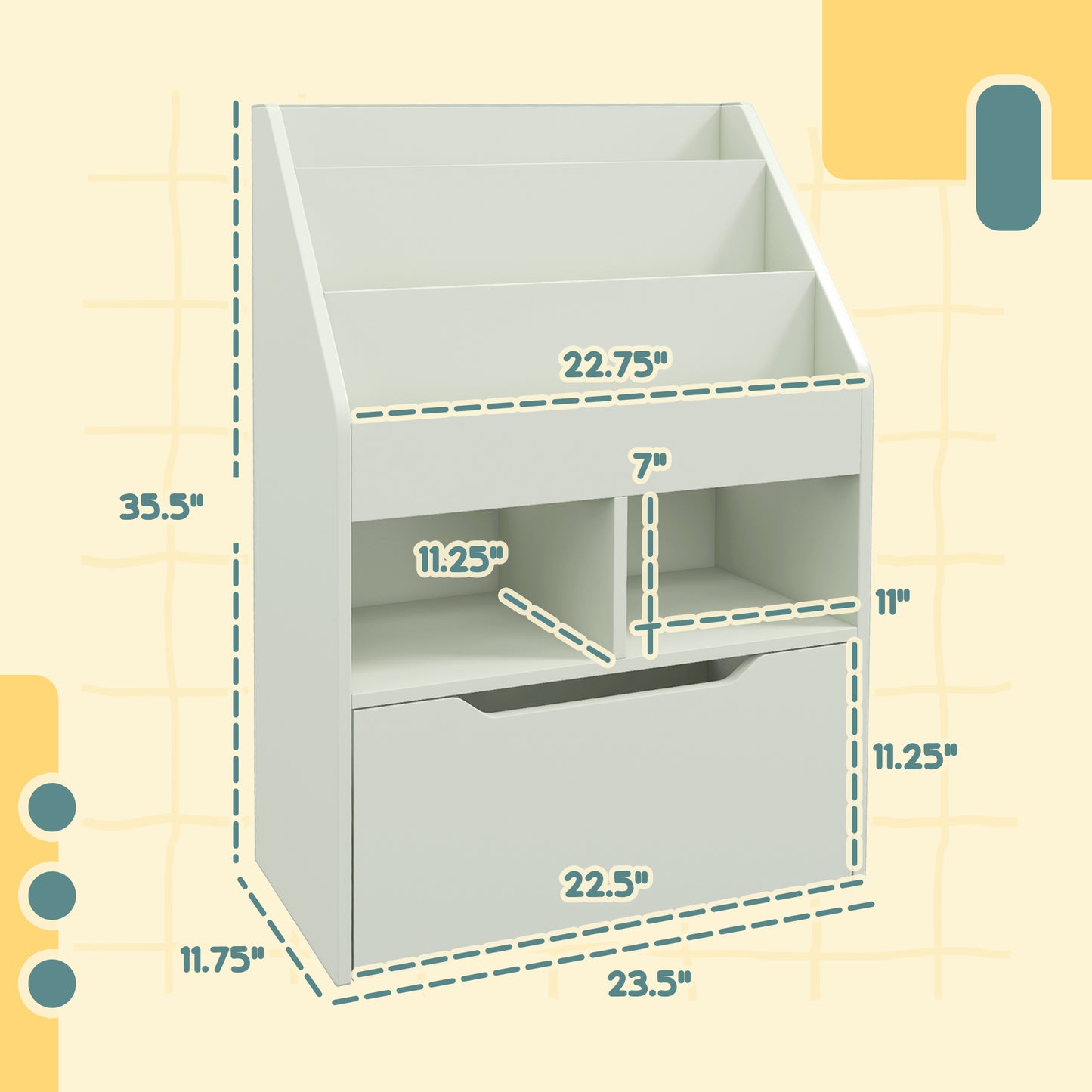 White kids bookshelf with divided storage sections and a large drawer  H