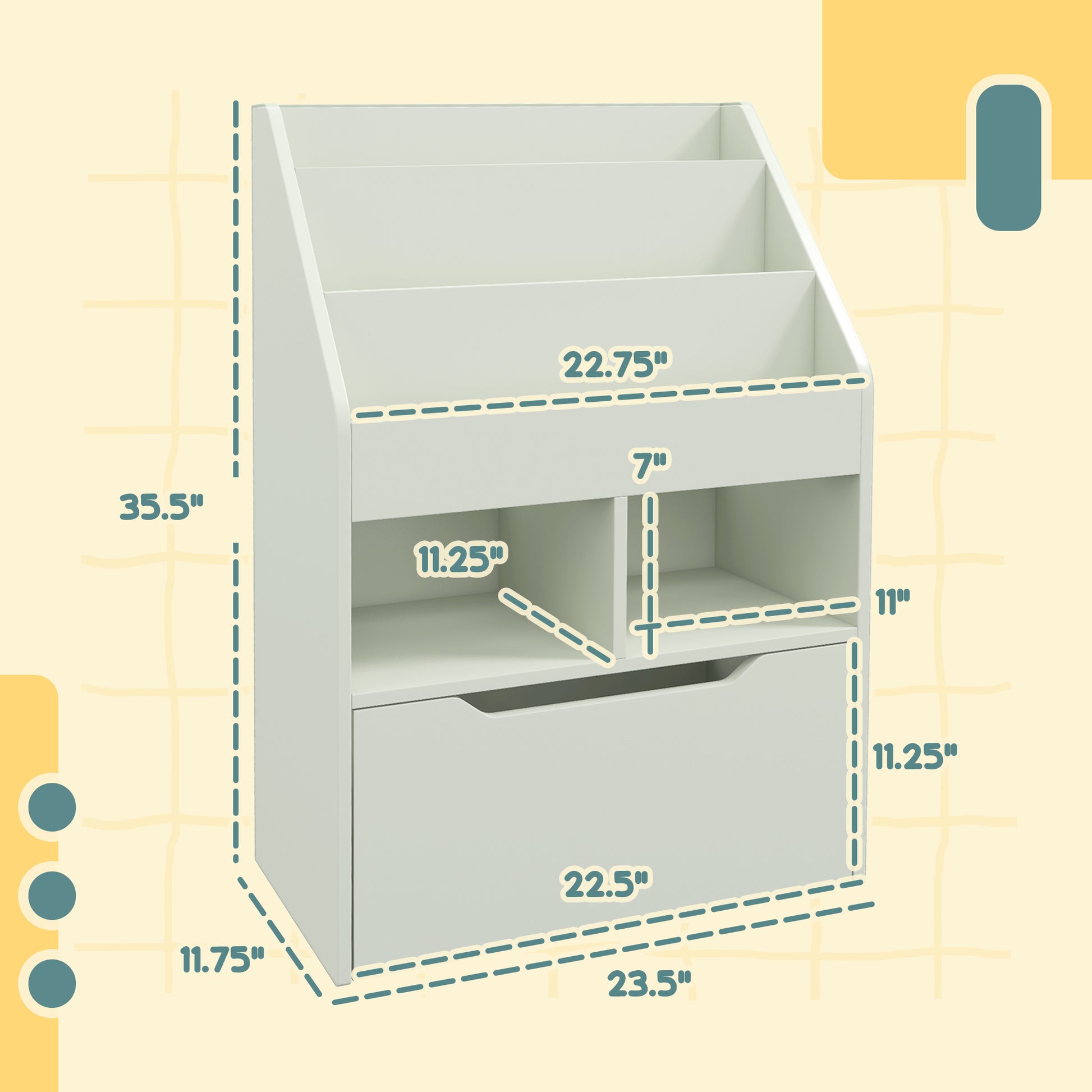 White kids bookshelf with divided storage sections and a large drawer  H