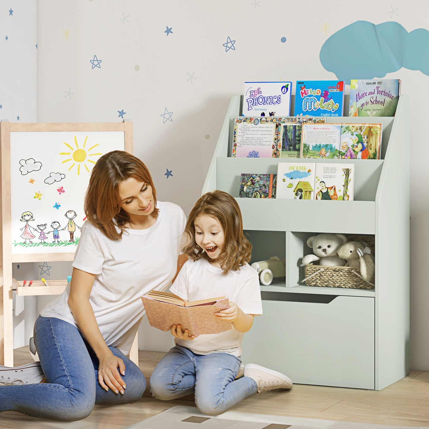 Soft mint green kids bookshelf with open shelves and storage drawer