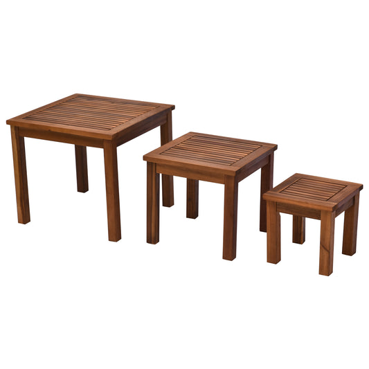 Set of  wooden side tables with slatted tops and clean lines perfect for outdoor patio decor