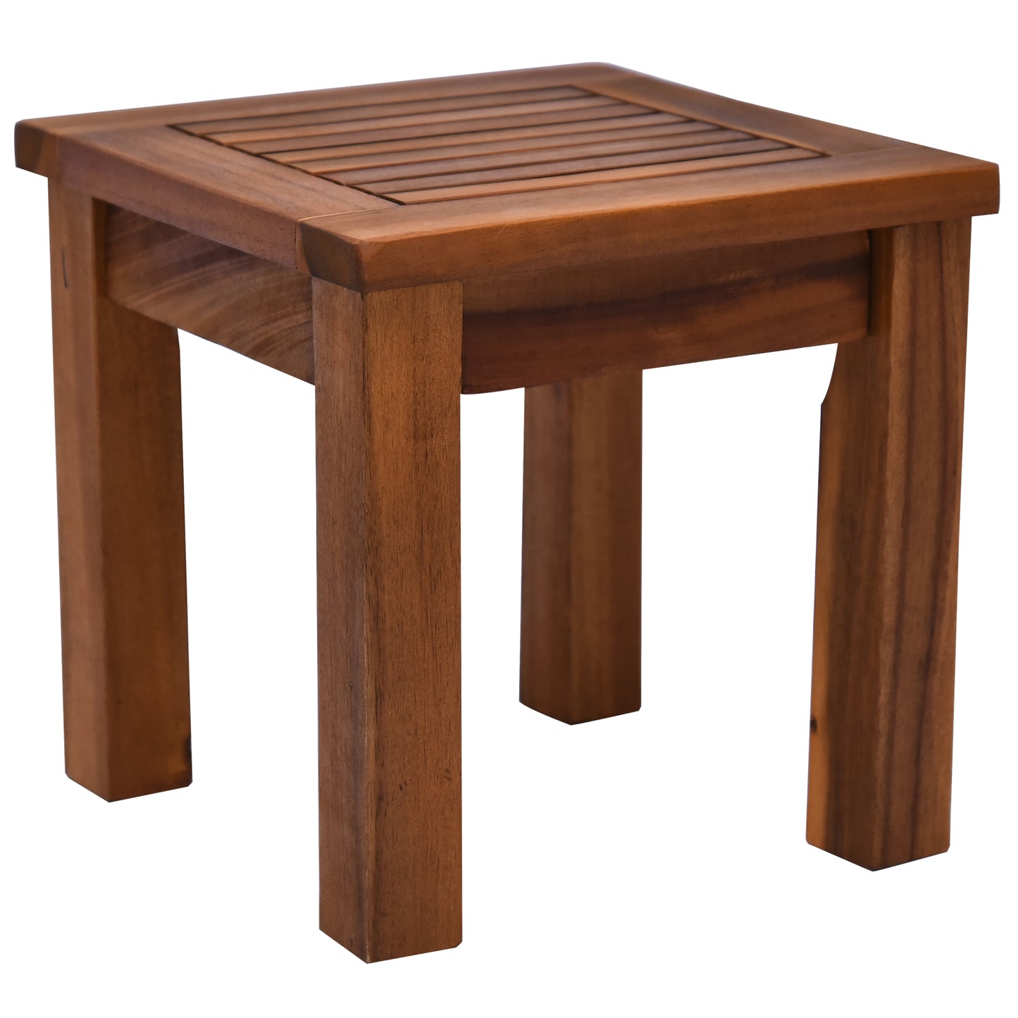 Square wooden side table with slatted top and clean lines