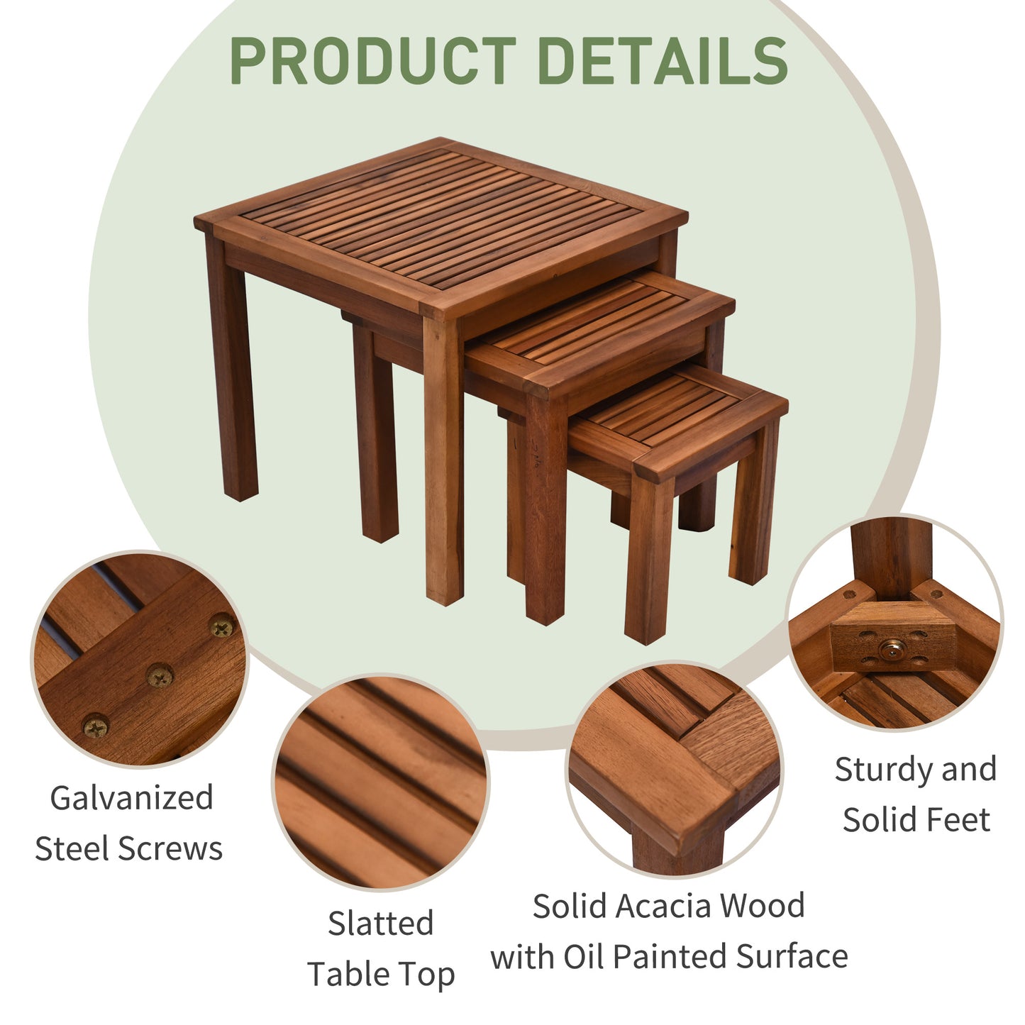 Set of  nesting tables made from solid acacia wood with slatted tops