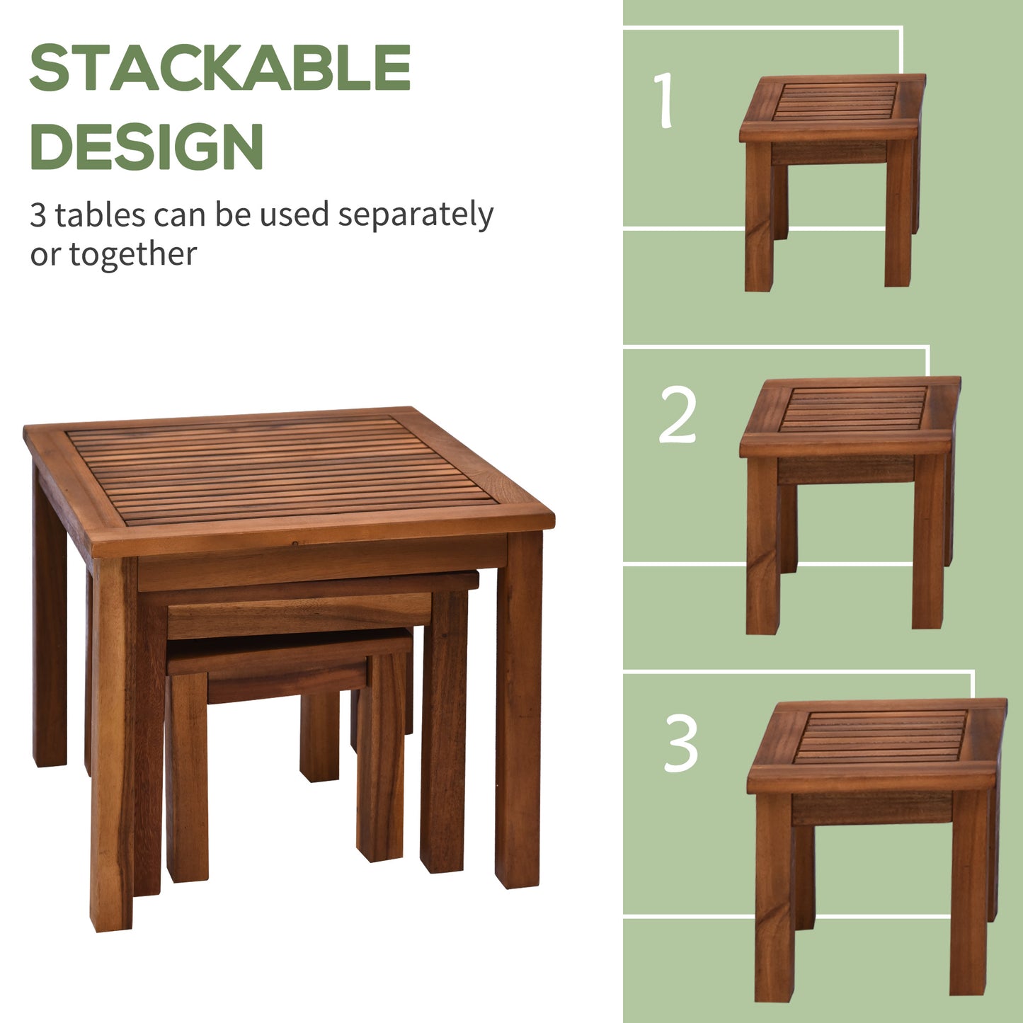 Set of three wooden nesting tables with slatted tops ideal for patio use