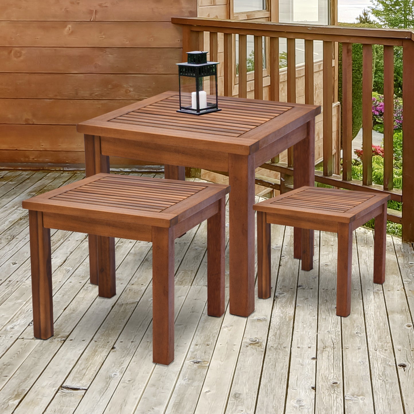 Wooden slattop patio side table with square legs perfect for outdoor seating