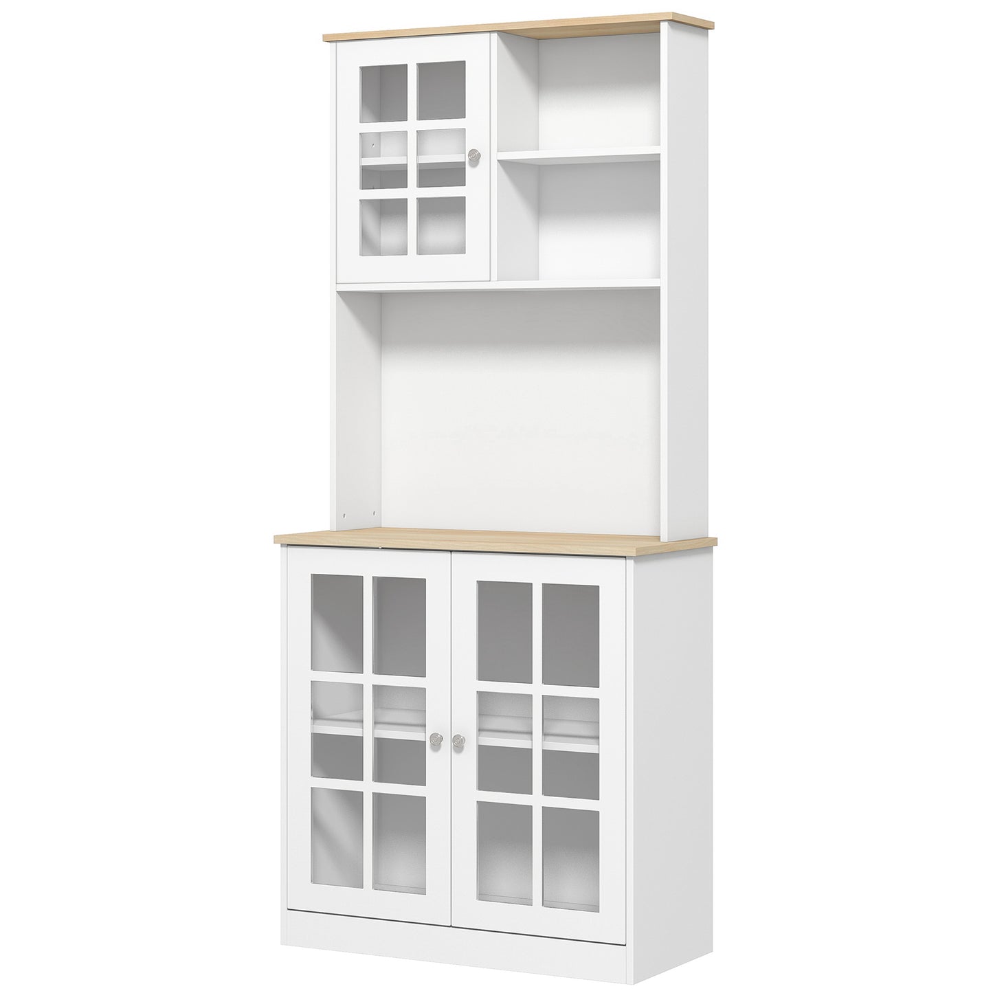 White kitchen hutch with glasspaneled doors and light wood top