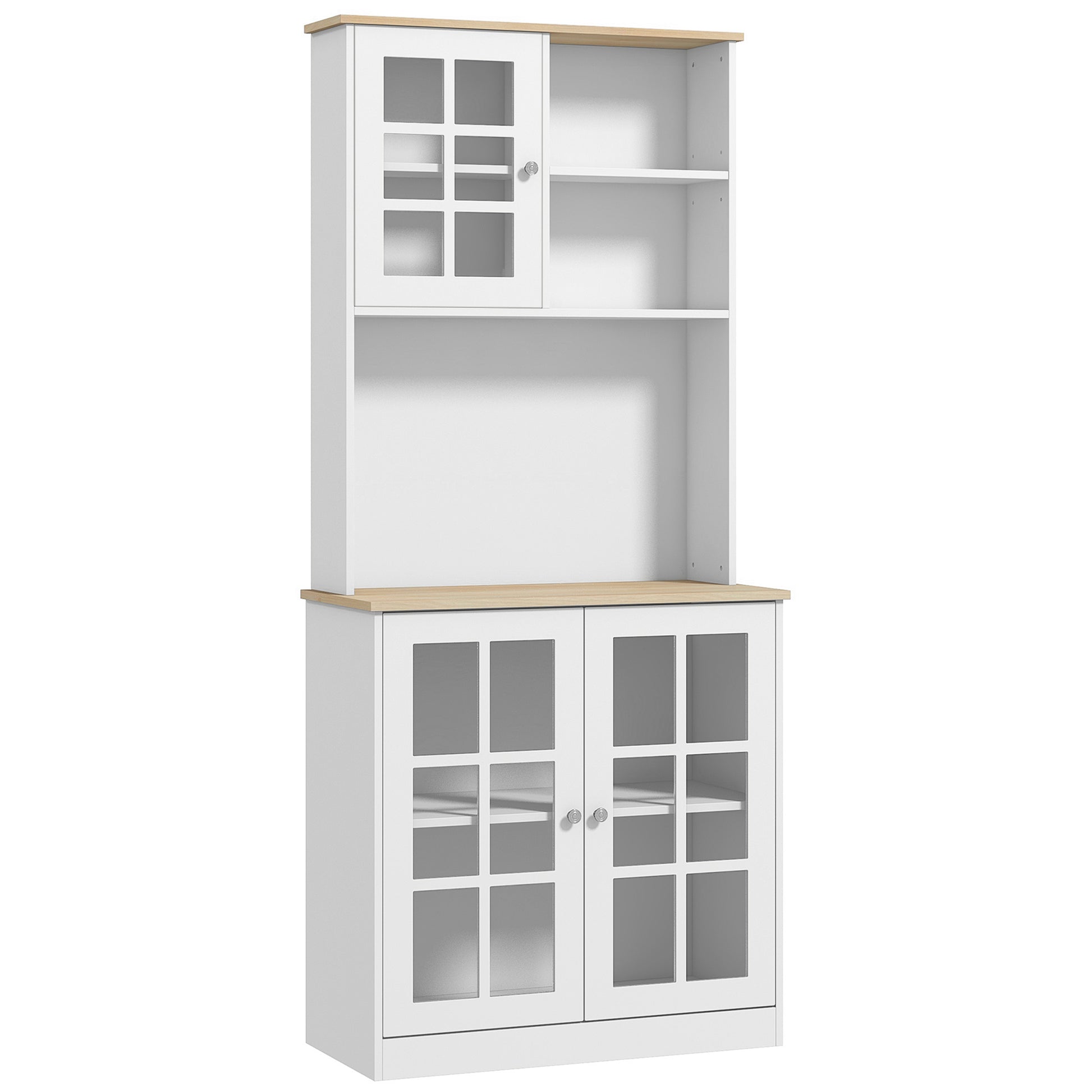 White and wood bakers rack with glass cabinet doors perfect for kitchen storage