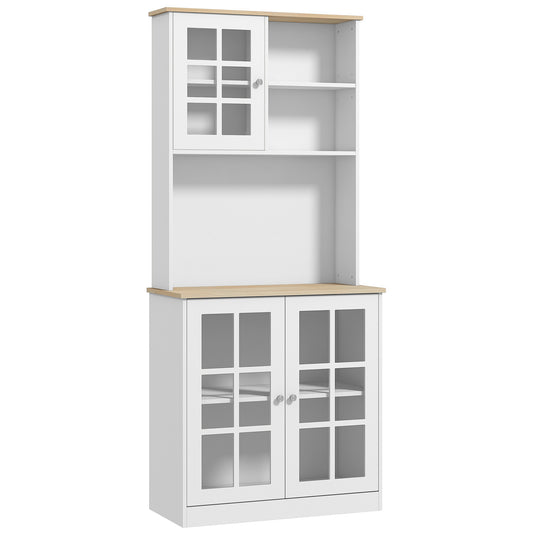 White and wood bakers rack with glass cabinet doors perfect for kitchen storage