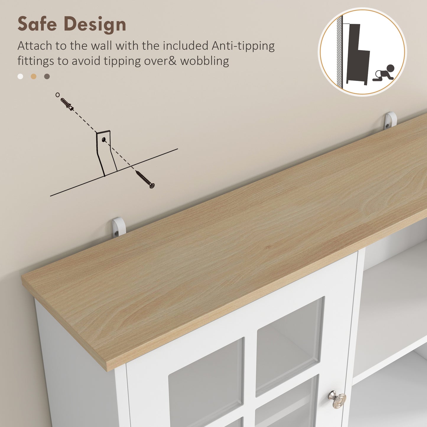 White cabinet with glass doors and oak wood top showing antitipping hardware