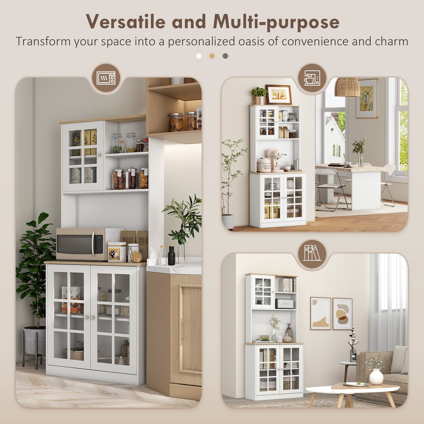 White kitchen hutch with glass doors displaying food jars and a microwave