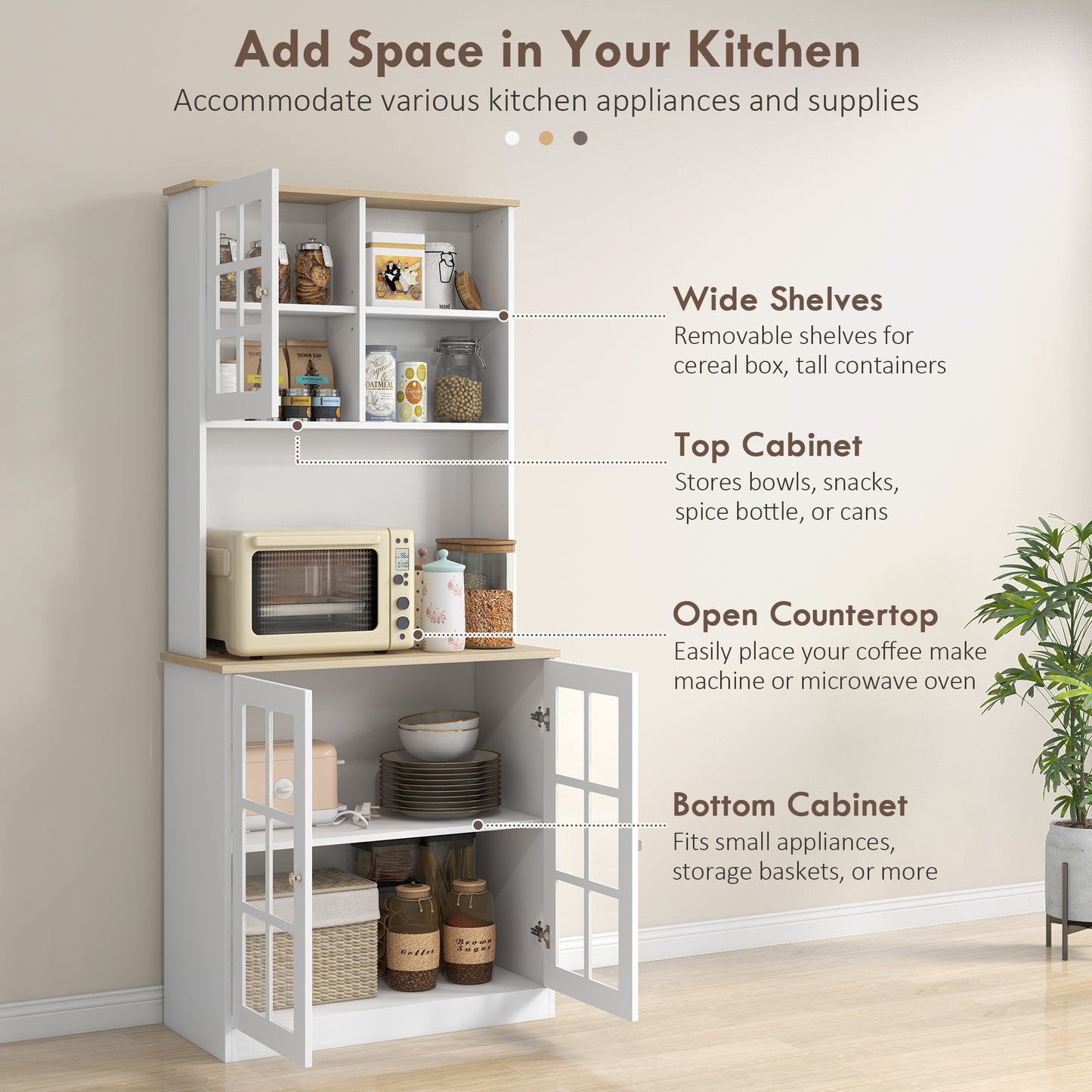 White and wood kitchen hutch with open shelves displaying pantry items