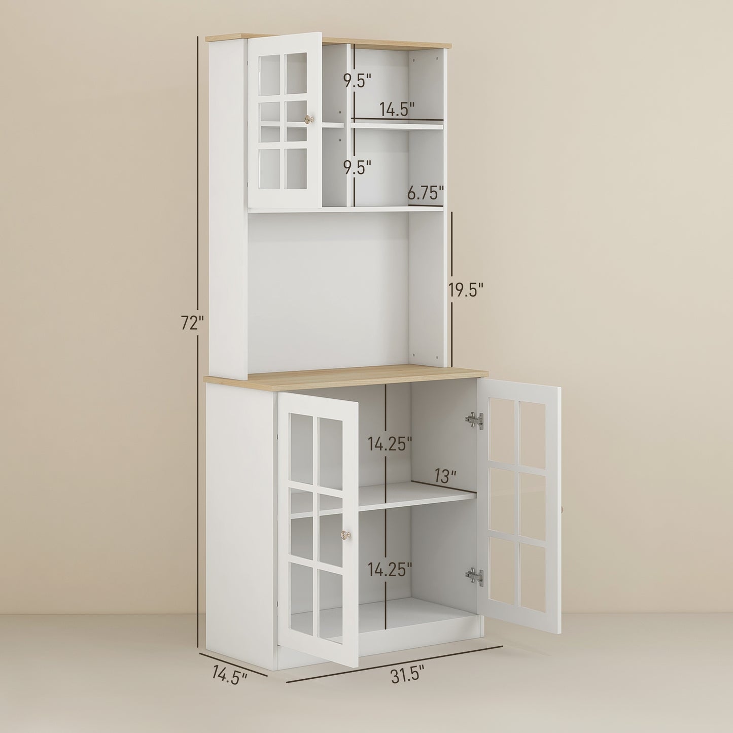 White hutch with glass paneled doors and wood top  inches tall