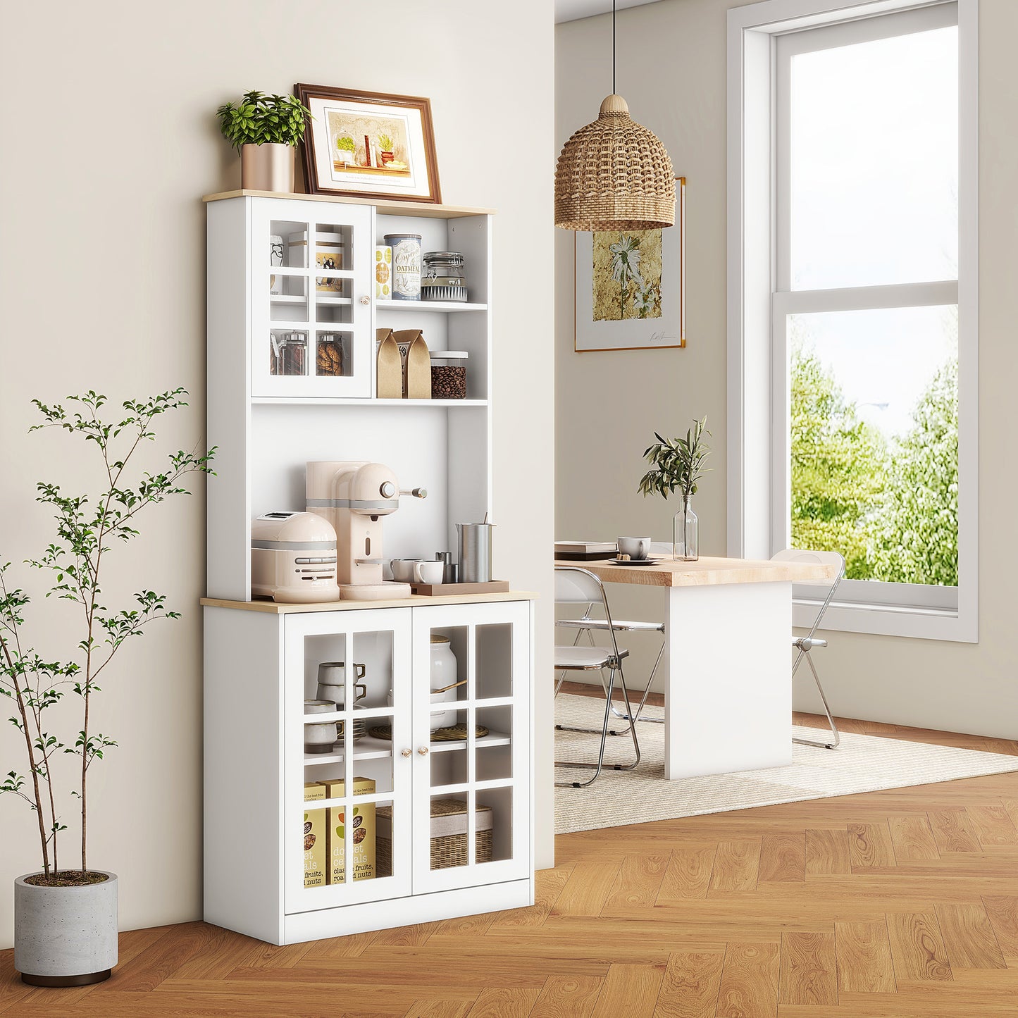 White kitchen hutch with glass doors showcasing coffee maker toaster and pantry staples
