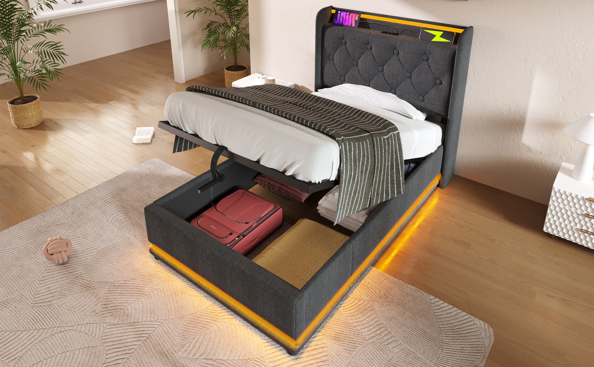 Dark grey upholstered bed frame with ottoman storage and LED lighting
