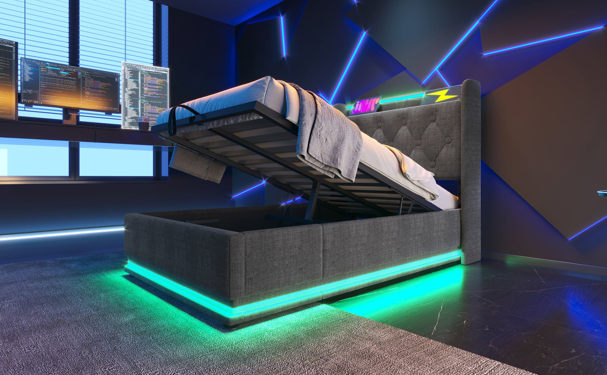 Modern grey upholstered storage bed with liftup mechanism and integrated LED lighting