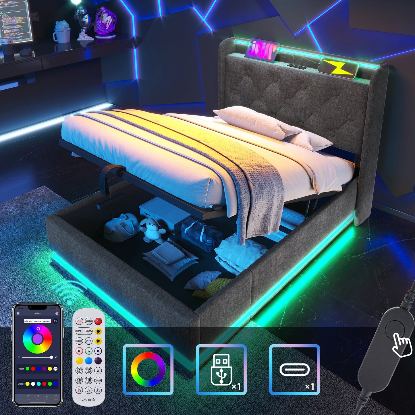 Gray upholstered bed frame with builtin RGB LED lighting and storage