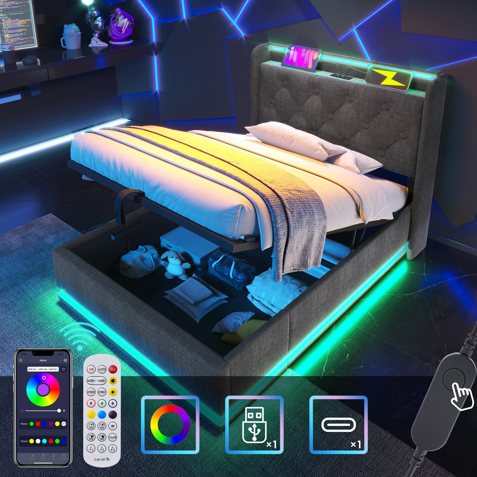 Gray upholstered bed frame with builtin RGB LED lighting and storage