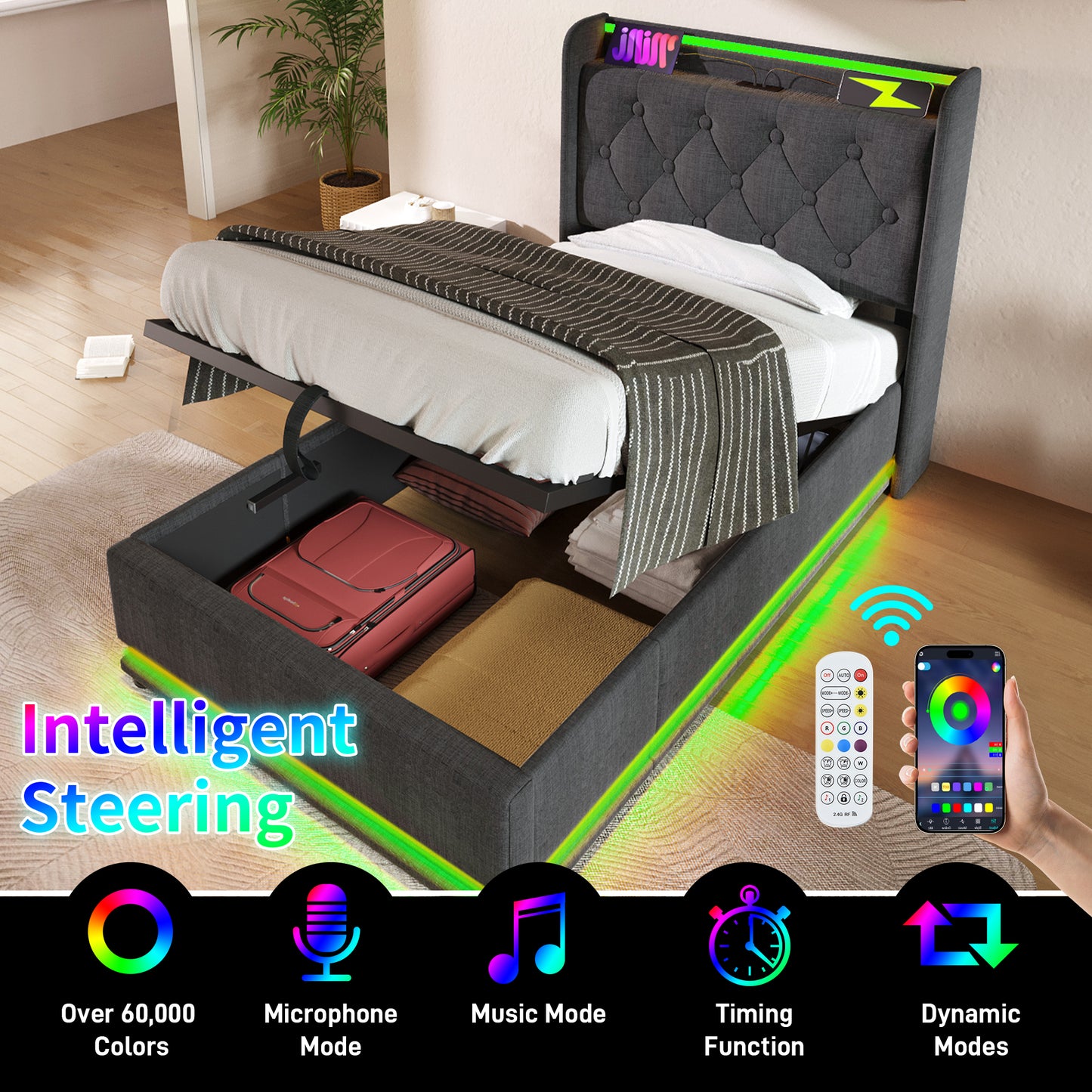 Grey upholstered bed frame with builtin storage and multicolor LED lights